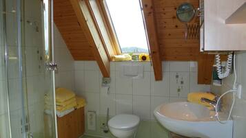 A small, compact bathroom with a skylight, a toilet, a sink, and a shower.