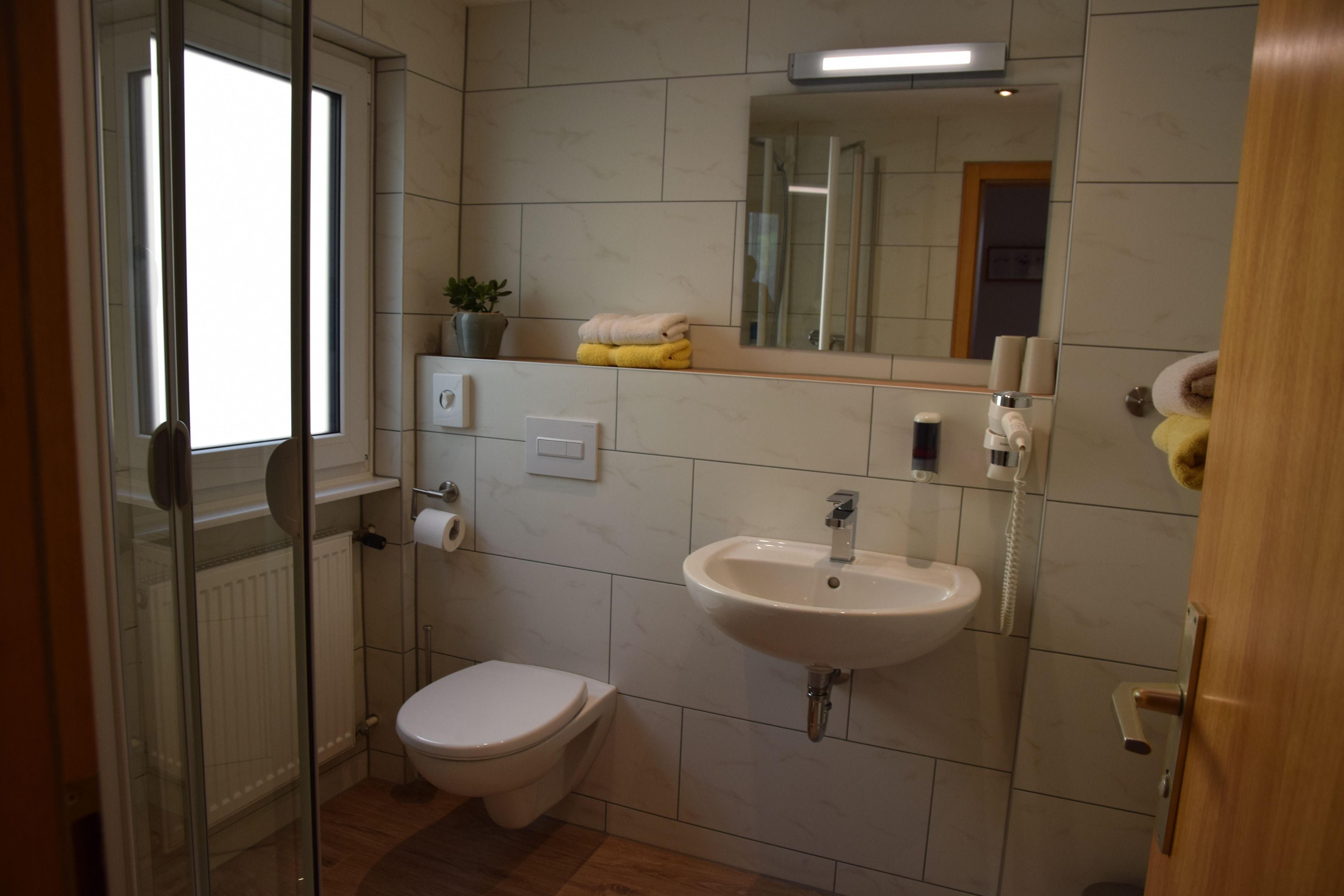 A modern bathroom with a toilet, sink, and glass shower enclosure.