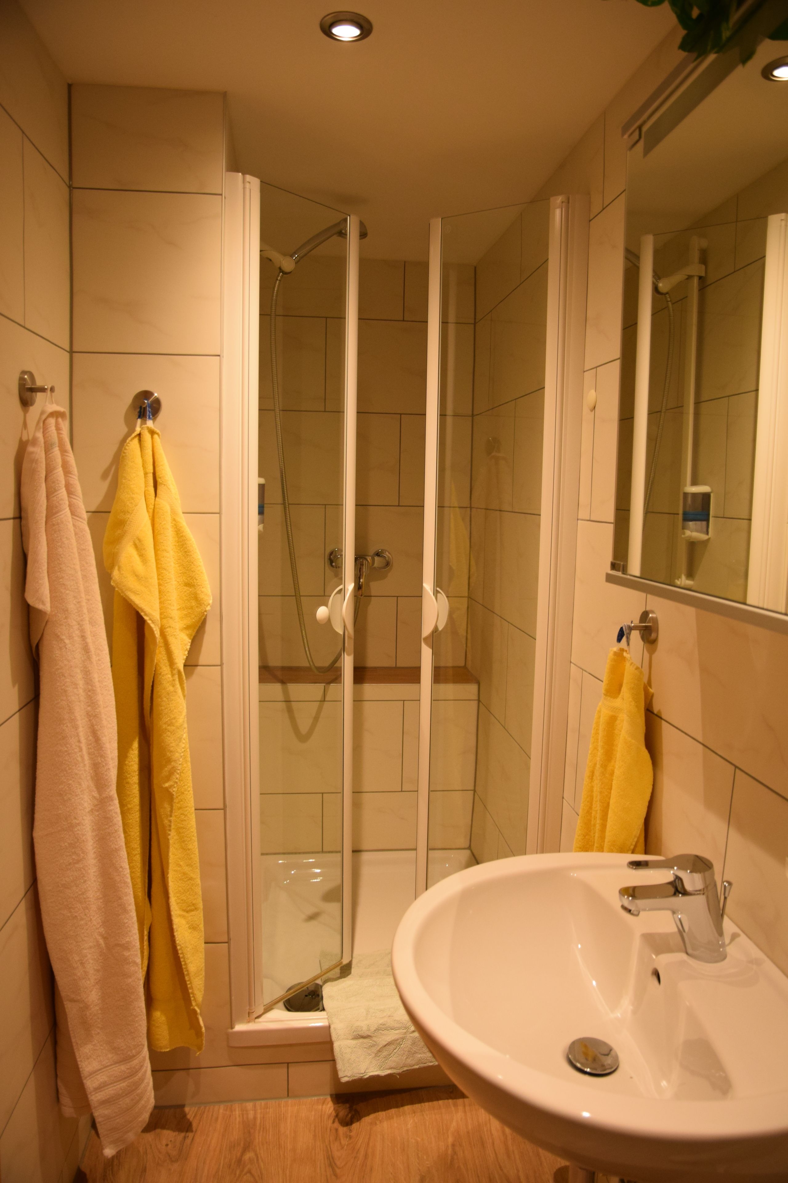 A bathroom with a glass-enclosed shower, a sink, and two towels hanging on the wall.