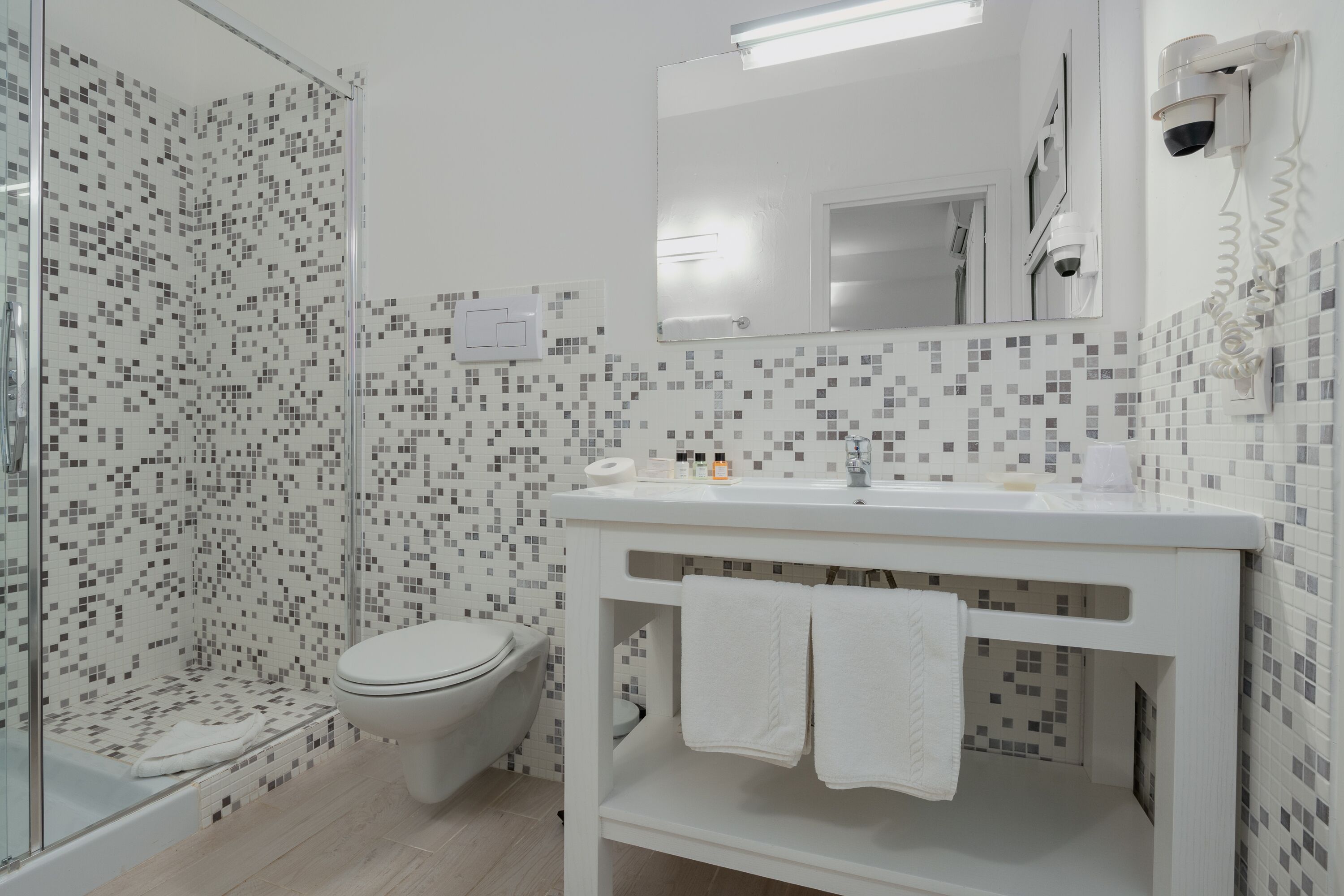 A bathroom with a toilet, a shower, and a sink with a mirror above it.
