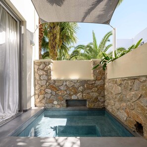 Une petite piscine extérieure, avec des murs en pierre et un auvent, entourée de palmiers.