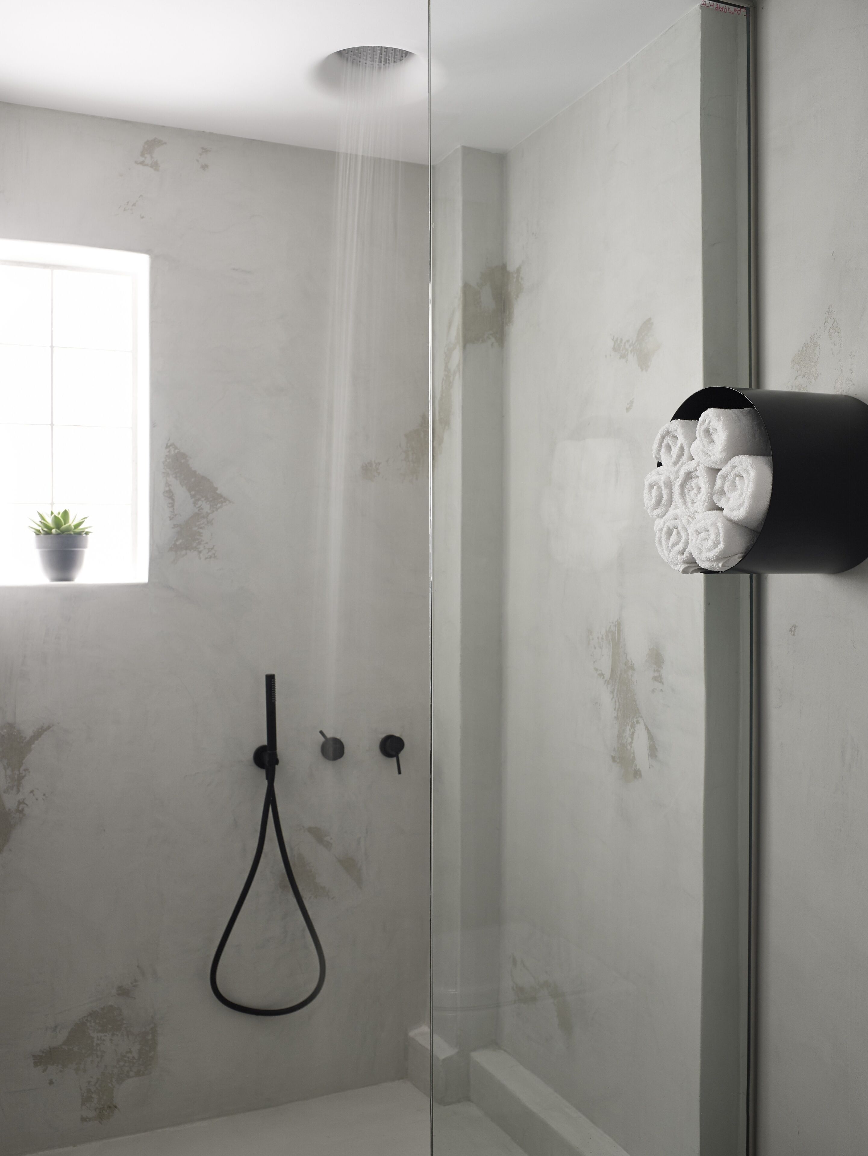 Et moderne badeværelse med en glasvæg omkring brusekabinen, et håndklædestativ med sammenrullet håndklæder og en potteplante ved vinduet.