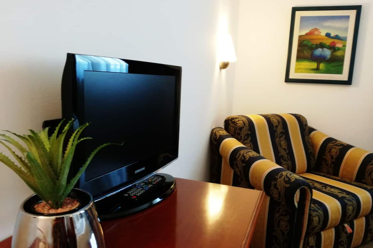 Una sala de estar con un televisor de pantalla plana, una planta en maceta, un sillón a rayas y un cuadro en la pared.