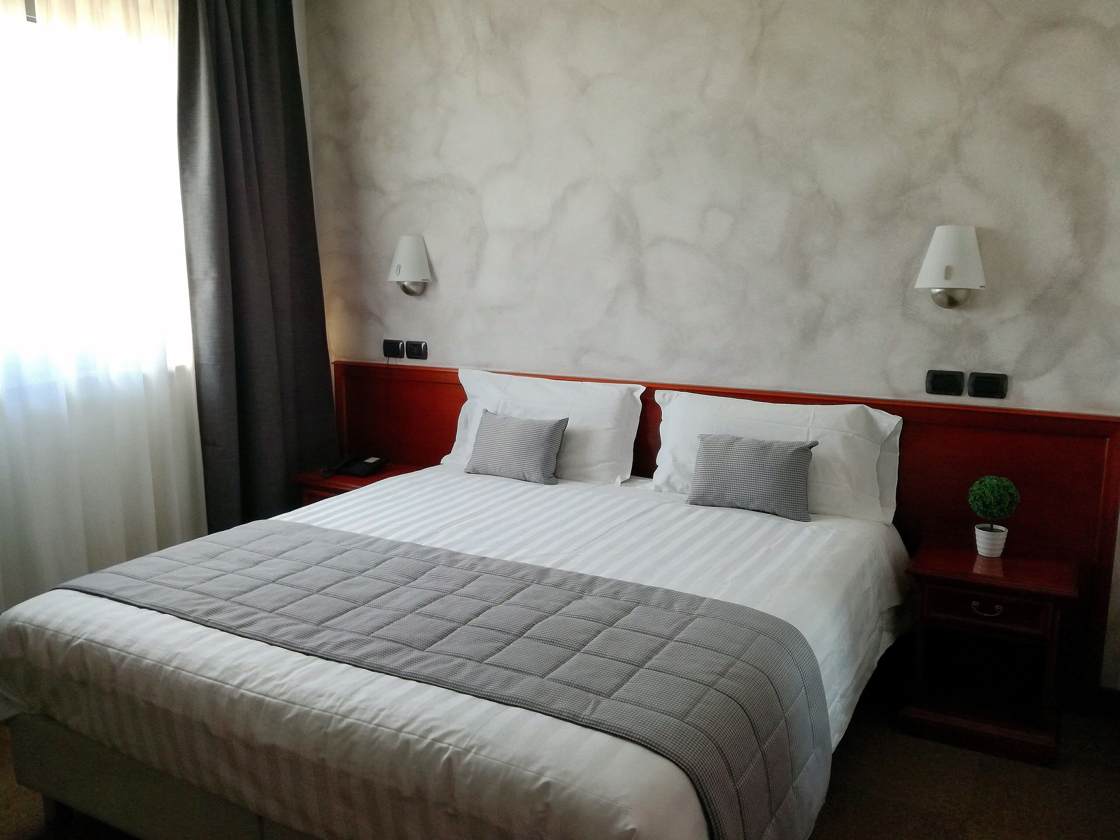 A hotel room with a large bed, two bedside tables, a nightstand, a wall-mounted lamp, and a small potted plant.