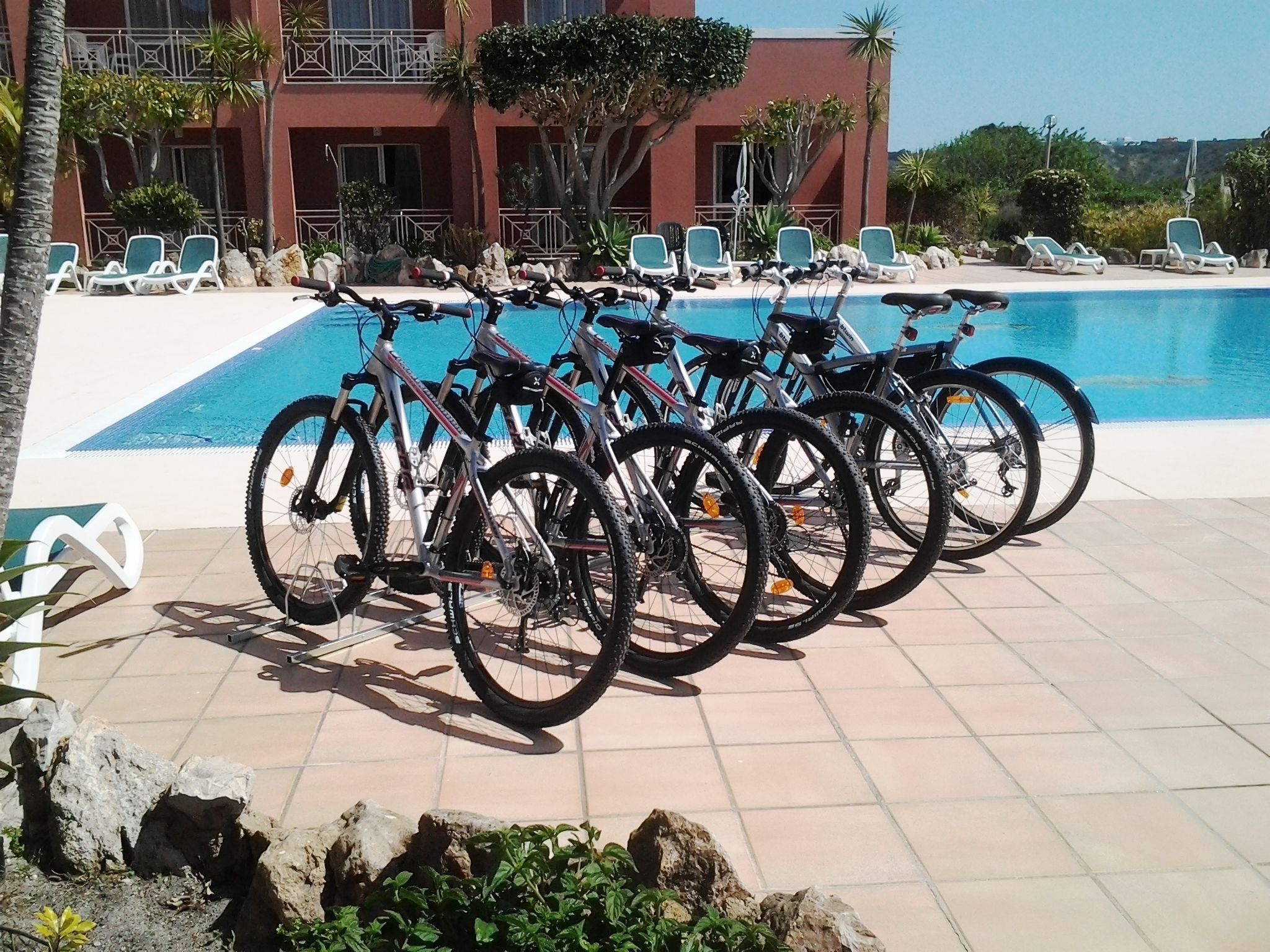 Des vélos sont garés près d’une piscine, avec des chaises longues en arrière-plan.