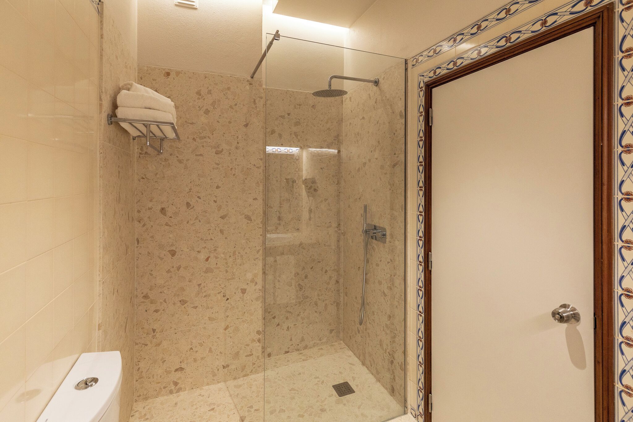 A modern bathroom with a glass-enclosed shower, a toilet, and a tiled wall.