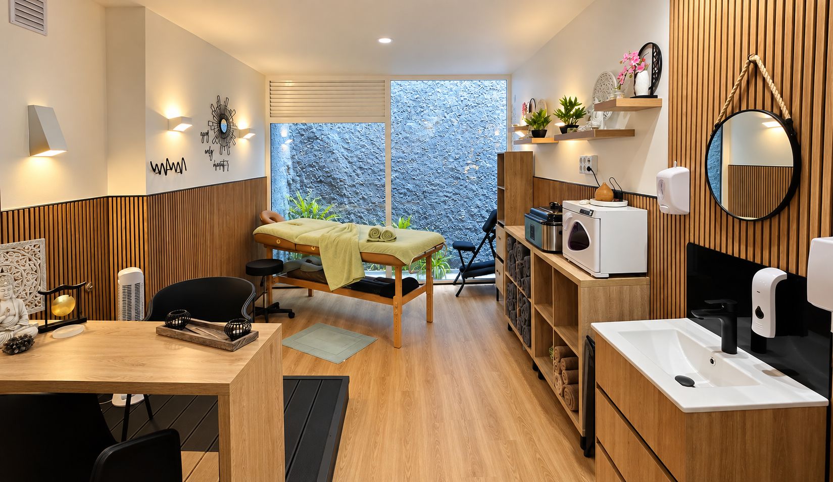 Uma sala de spa moderna com uma mesa de massagem, uma pequena escrivaninha com uma cadeira, uma pia e um espelho.