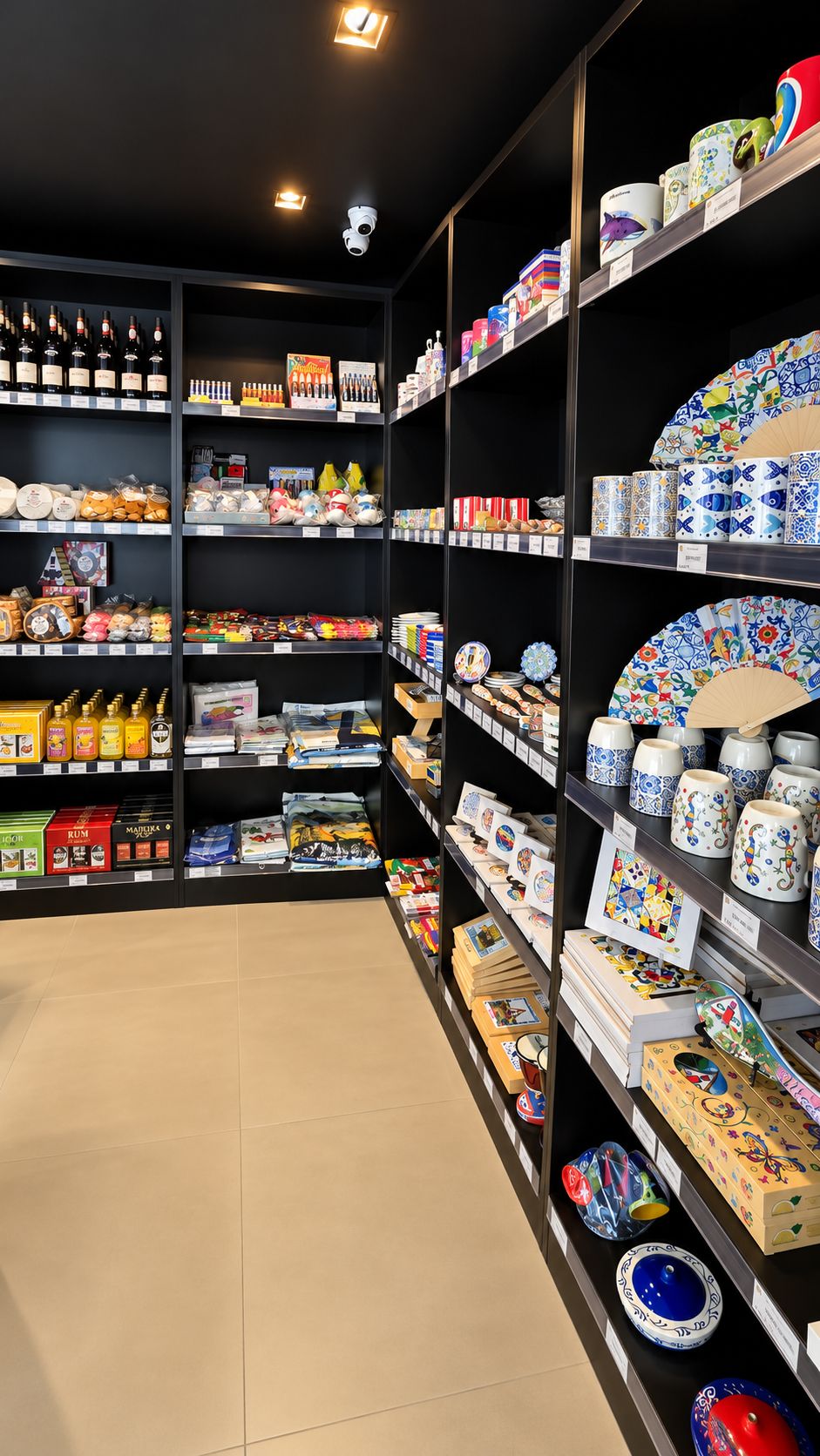 Una tienda con estantes repletos de diversos artículos, incluyendo cerámica, cristalería y objetos decorativos.