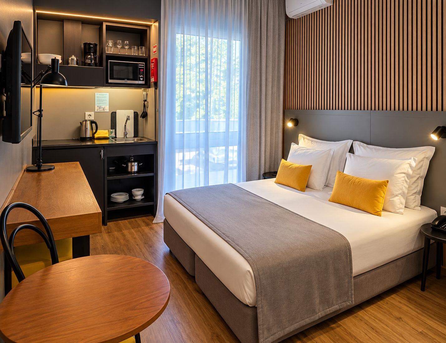 A hotel room with a bed, bedside table, desk, and kitchenette.