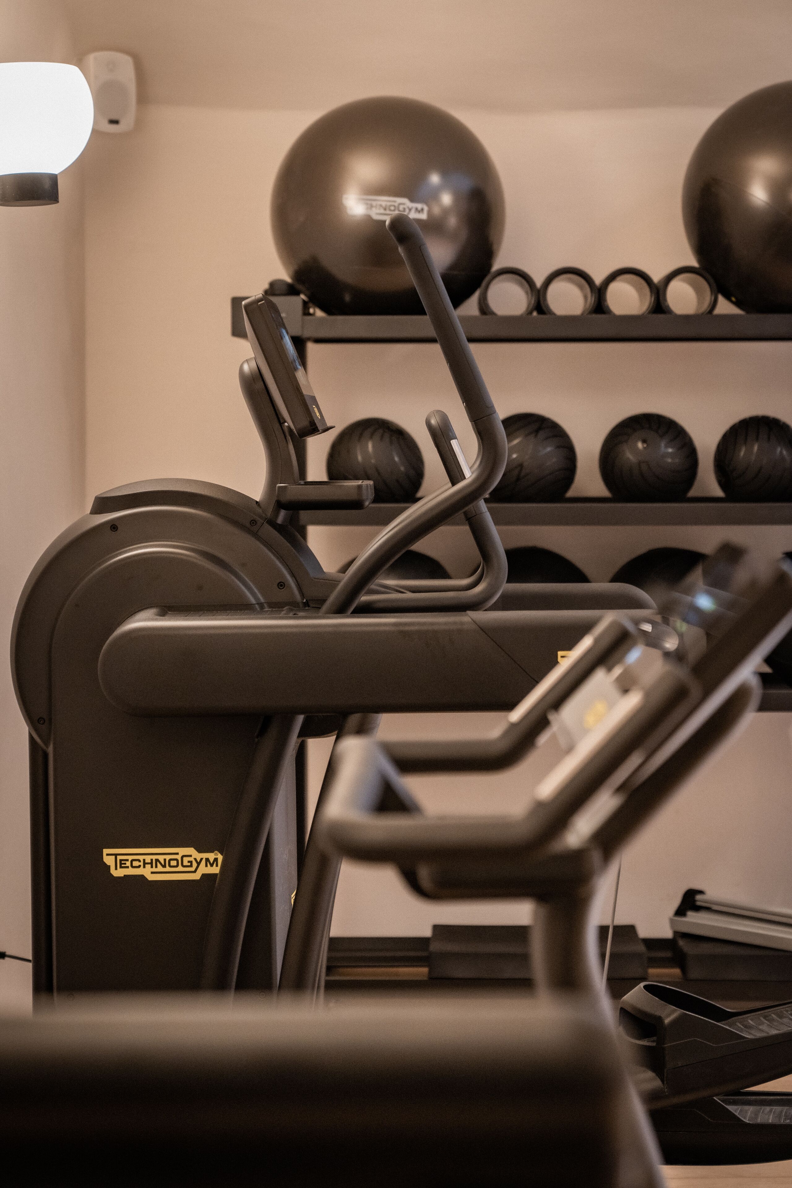 A gym with a treadmill, exercise balls, and a wall-mounted shelf with more exercise balls.