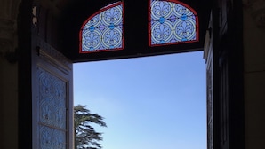 An open doorway with intricate metalwork, leading to a view of a green landscape and trees. - Château de Ternay (Ternay)
