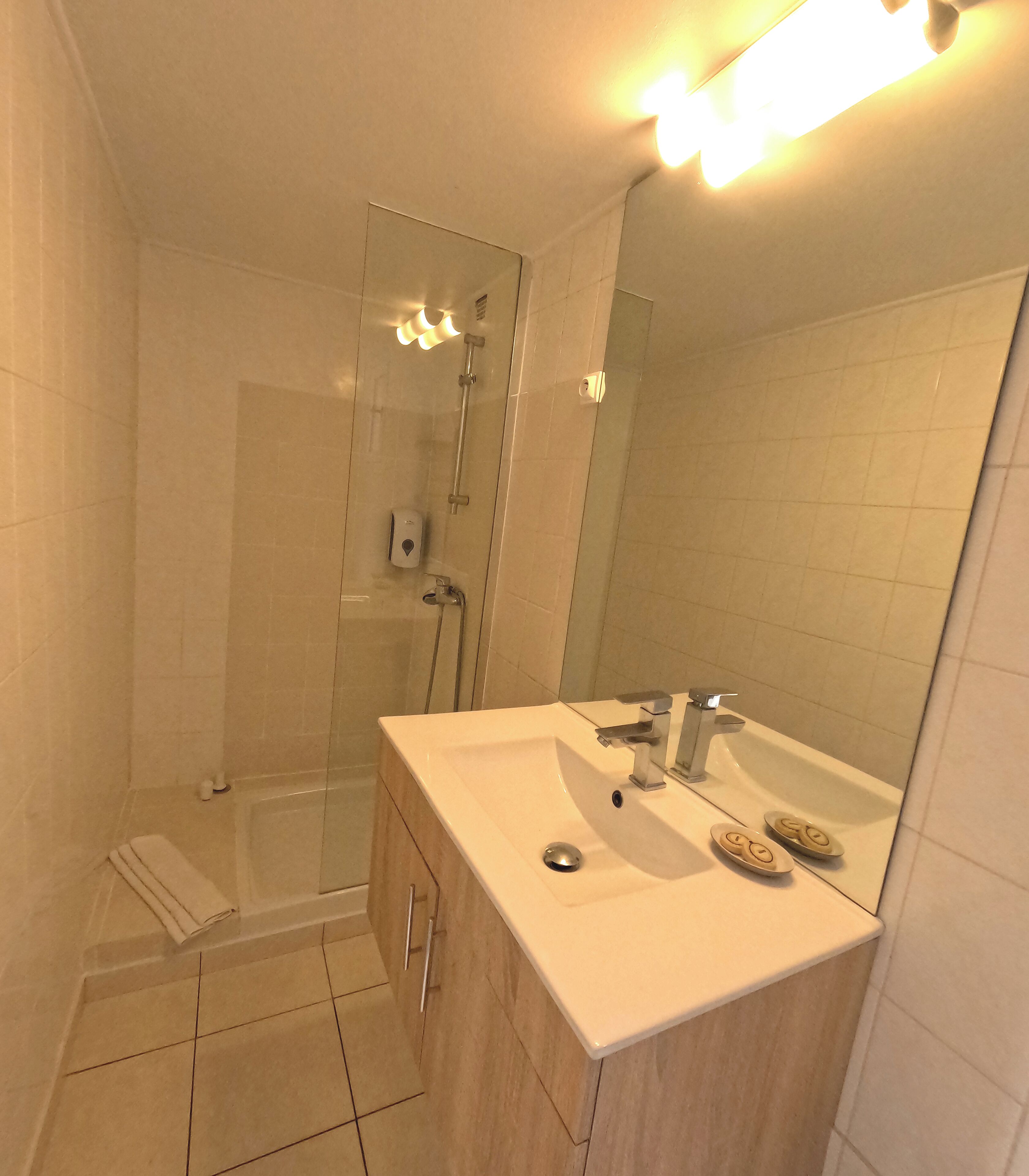 standard double room, sea view | bathroom | shower, hair dryer, towels