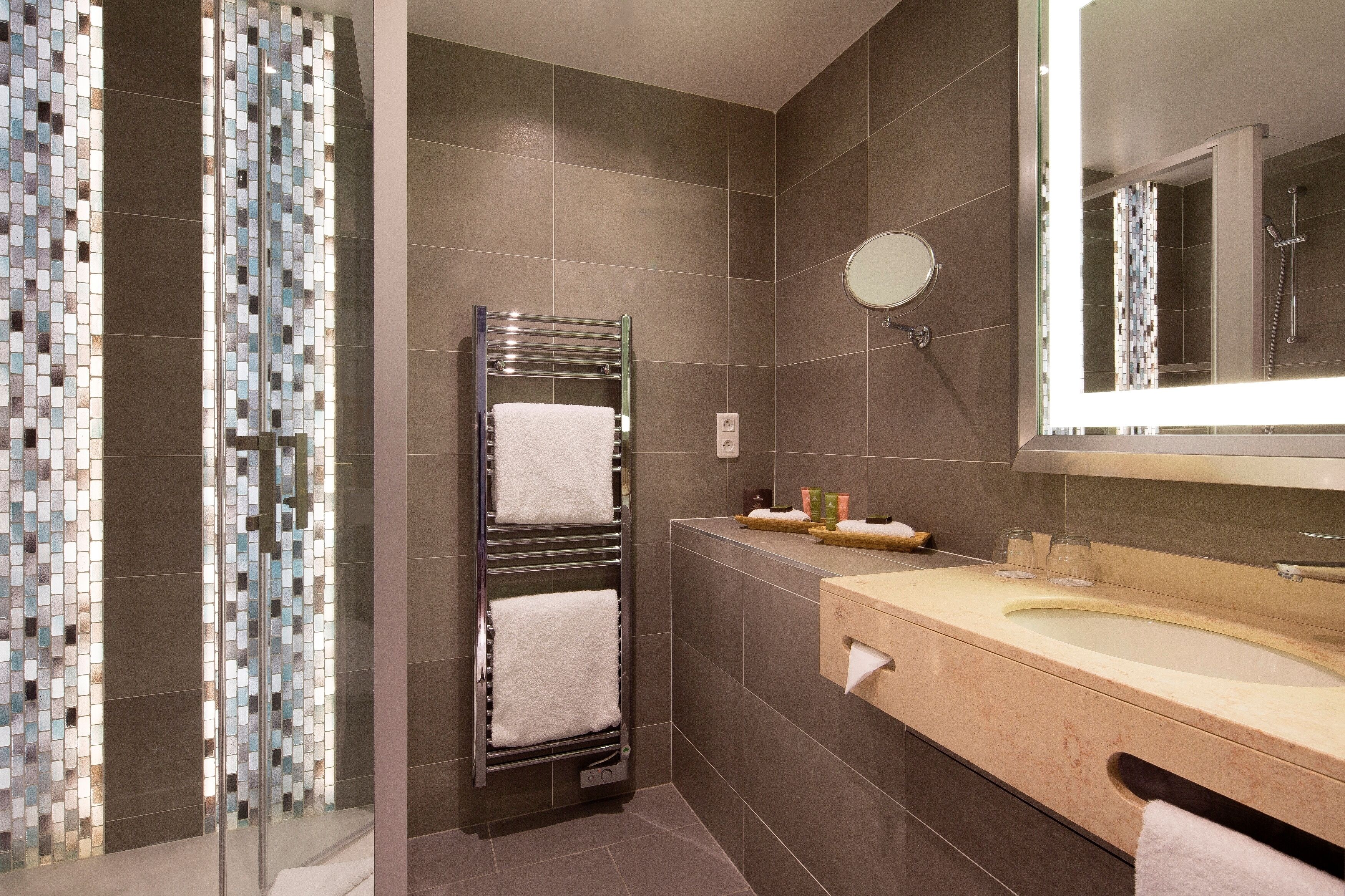 free toiletries, hair dryer, slippers, towels