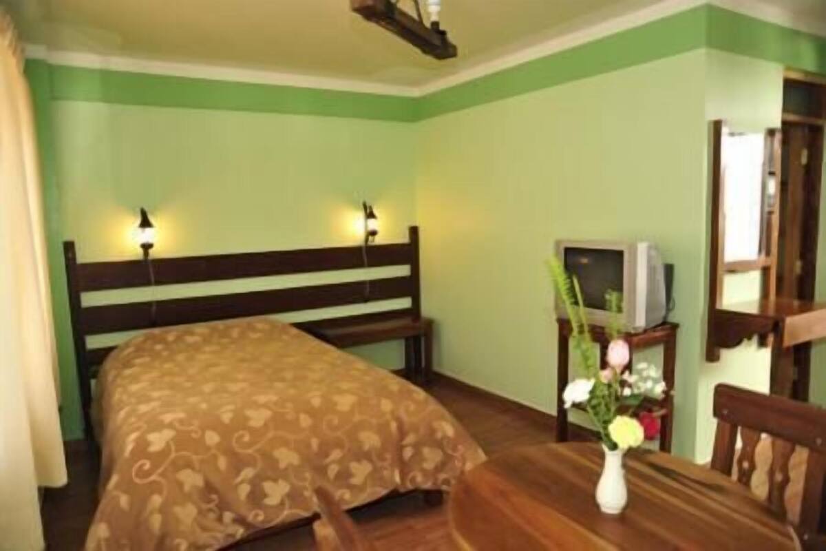 Una habitación con una cama, una mesa de madera con un florero, un televisor sobre un mueble bajo y una silla.