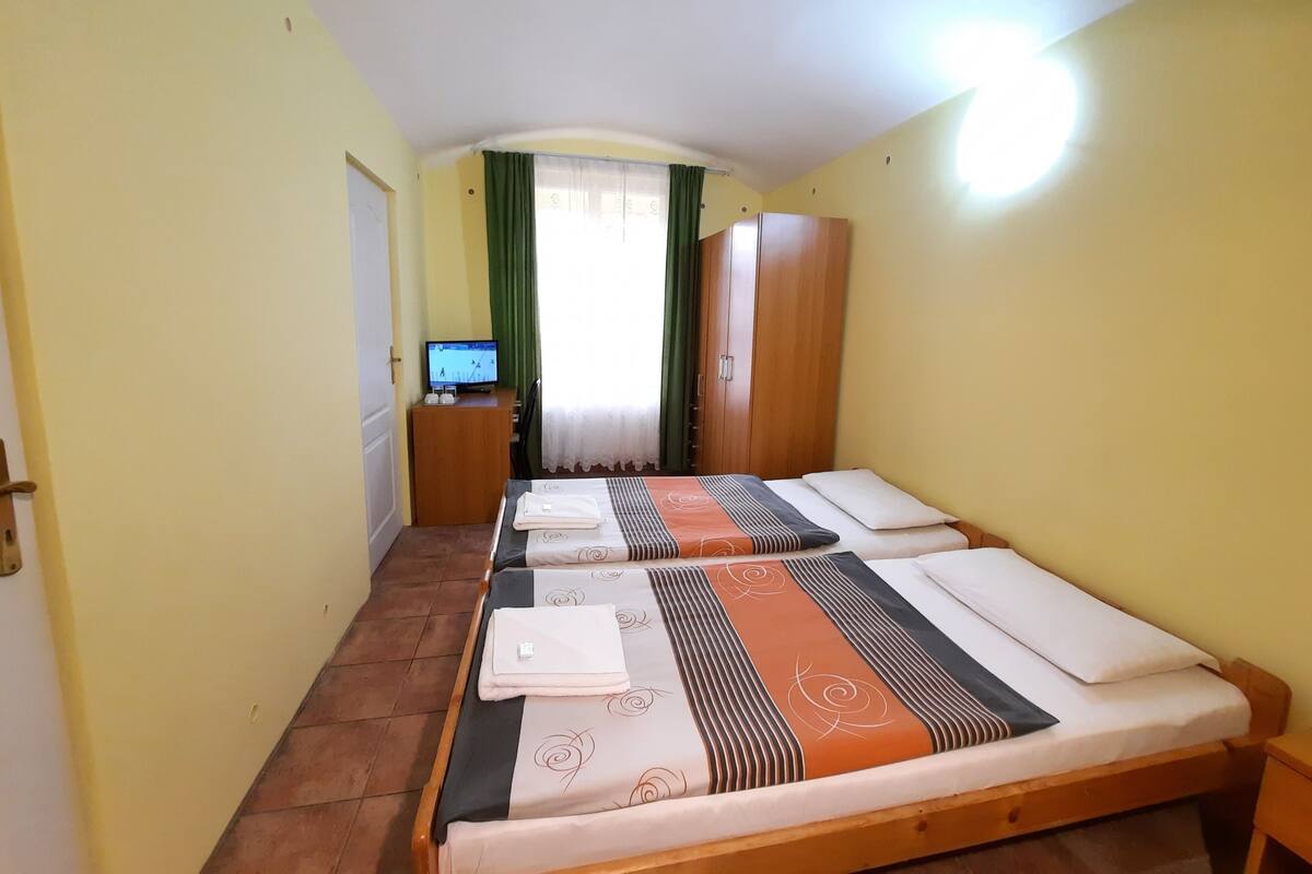 Una habitación con dos camas, un televisor sobre un mueble de madera y un armario.