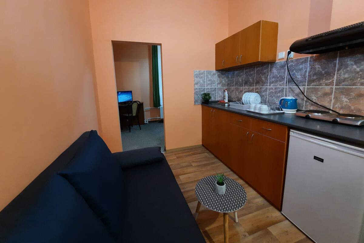 Un espacio habitable compacto con un sofá, una mesita redonda con una planta, una kitchenette con estufa y refrigerador, y una computadora al fondo.