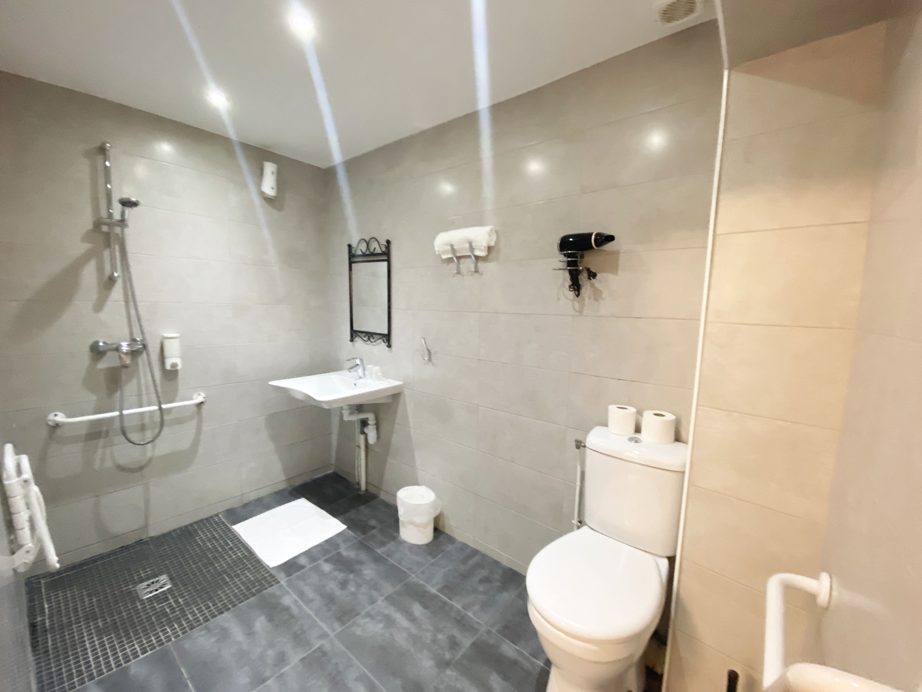 standard double room | bathroom | shower, hair dryer, towels, soap