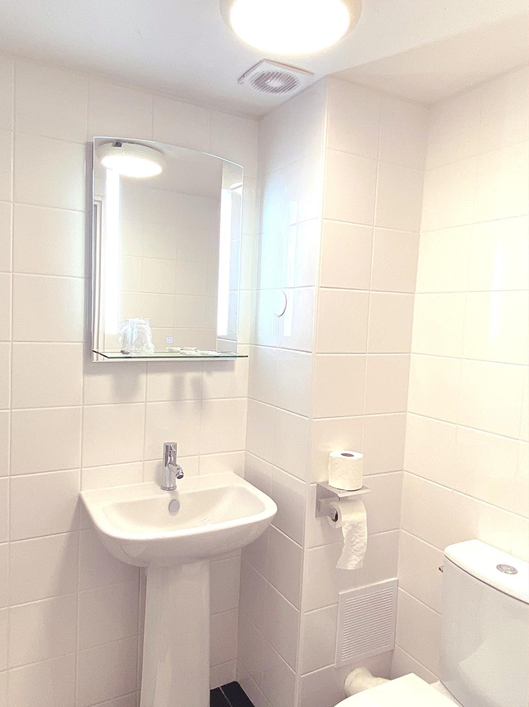 Een badkamer met een wit wastafel, een spiegel en een toilet.