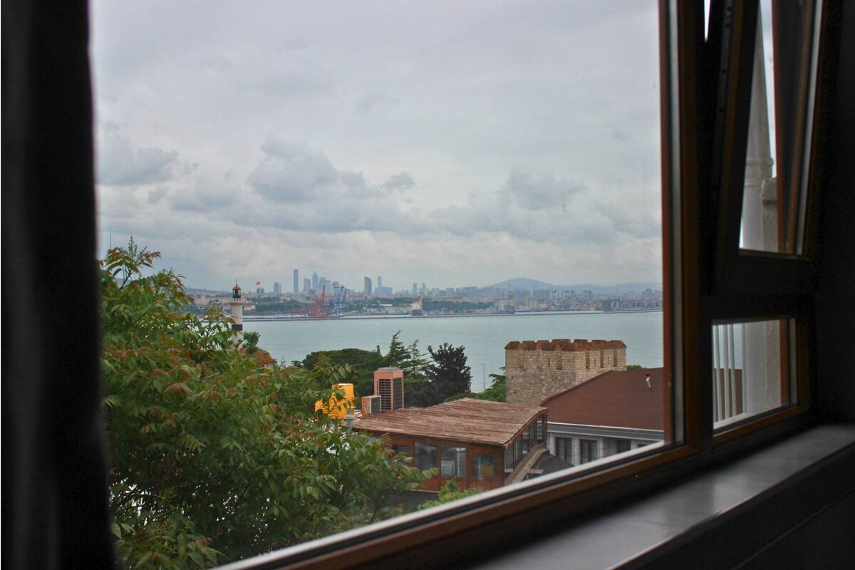 A view from a window overlooking a cityscape with a body of water, a prominent tower, and a distant skyline.
