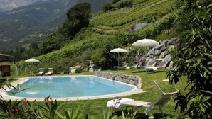 A swimming pool surrounded by lounge chairs and umbrellas, set against a backdrop of lush green hills and a mountainous landscape. - Partaneshof (Merano)