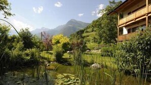 A serene garden with a pond, lush greenery, and a mountain backdrop. - Partaneshof (Merano)