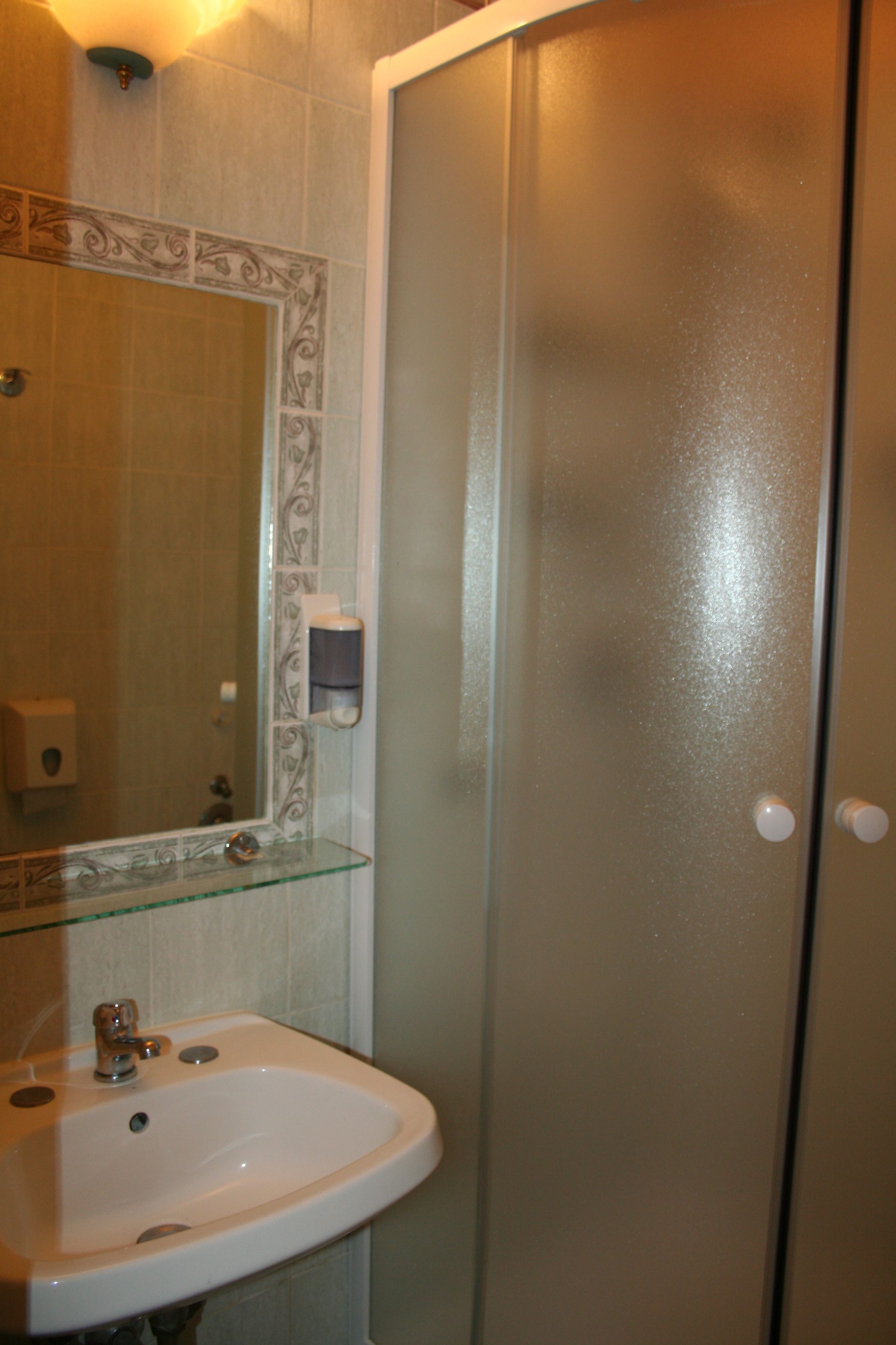 A bathroom with a glass shelf holding a soap dispenser, a sink, and a frosted glass door.