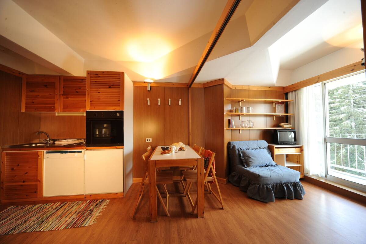 Una cocina compacta con armarios de madera, una mesa de comedor y una zona de estar acogedora con televisión.