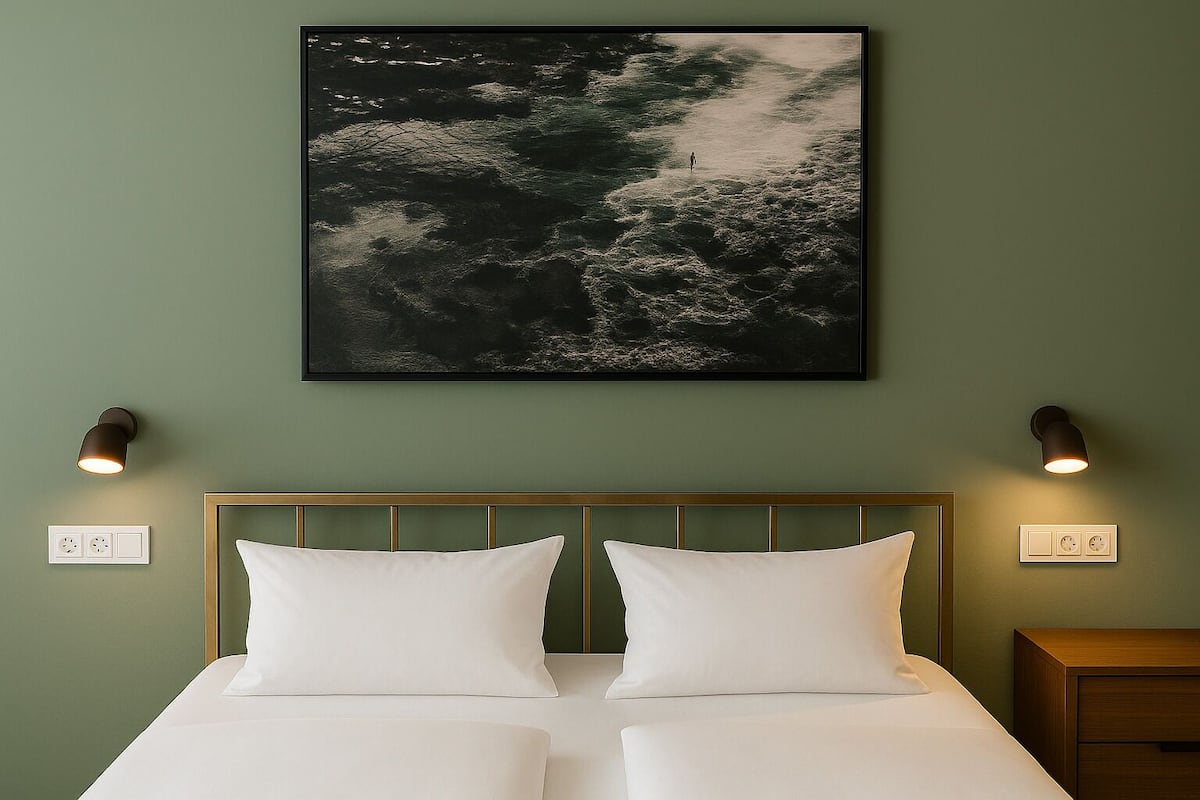 A bedroom with a bed, two bedside lamps, and a painting on the wall.