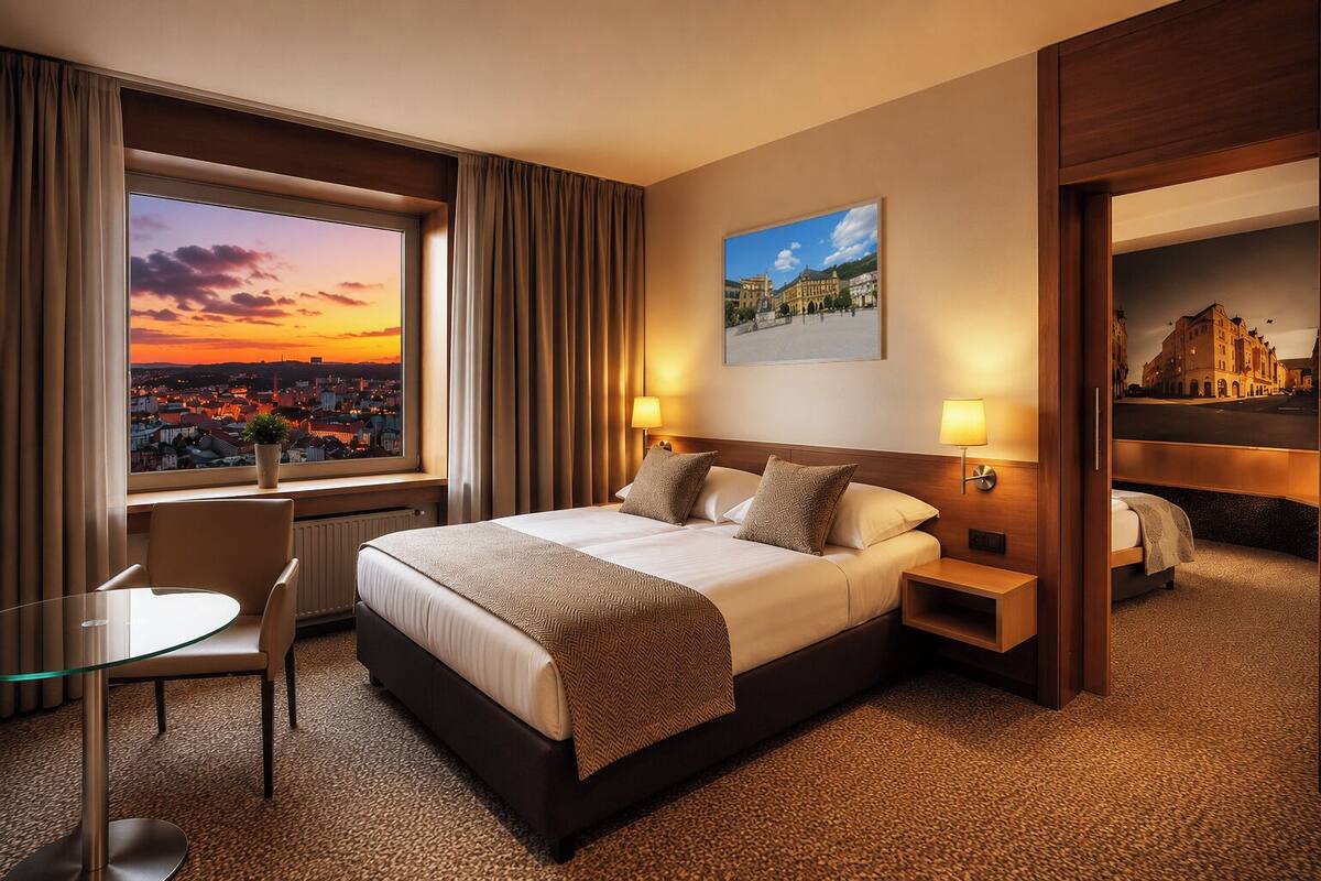 A hotel room with a large bed, two bedside tables, a desk, and a chair. There is a window with a view of a cityscape at sunset.