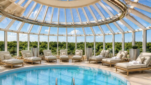 A pool area with lounge chairs and a glass ceiling. - Cosmopolitan Bobycentrum – Czech Leading Hotels (Brno)
