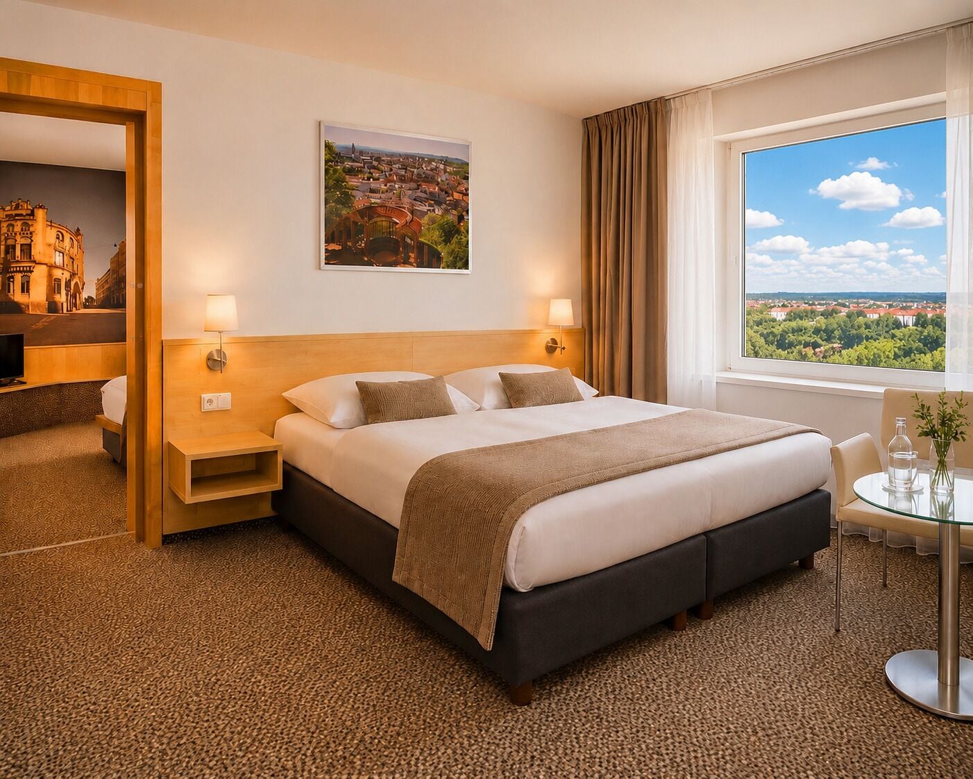 A hotel room with a large bed, bedside tables, a desk with a chair, a window with a view, and a framed picture on the wall.