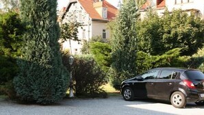 Ein schwarzes Auto parkt auf einem mit Kies belegten Einfahrt, umgeben von dichtem Grün und einem Gebäude mit rotem Dach im Hintergrund.