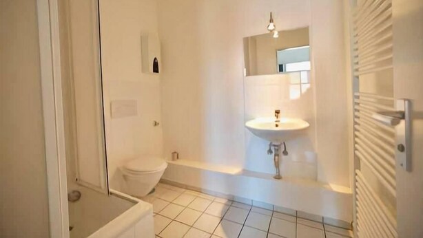 Un baño con inodoro, lavabo y ducha.