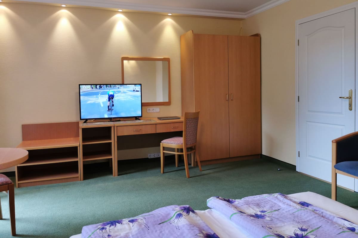 A hotel room with a bed, a desk, a television, a wardrobe, and a chair.
