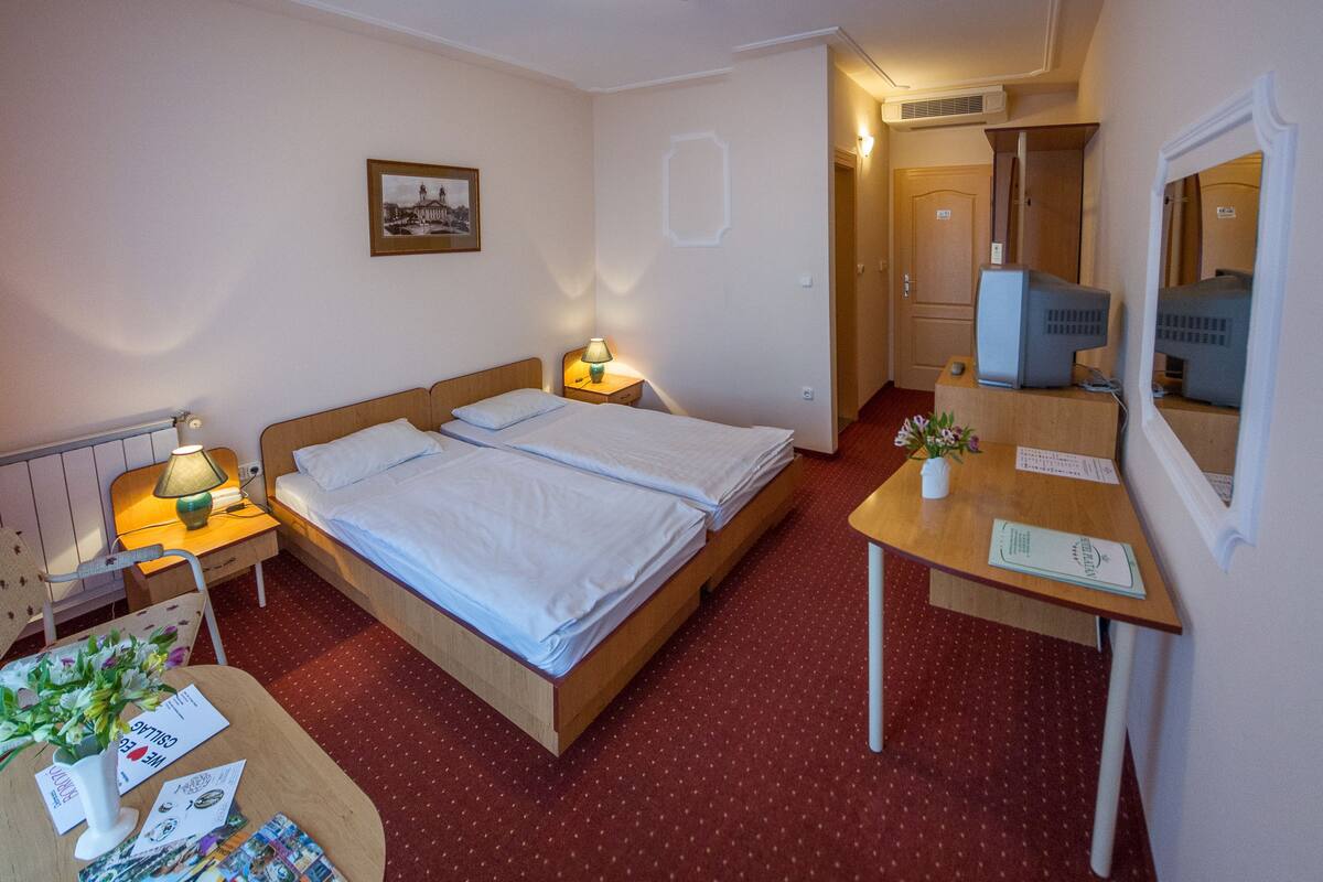 Une chambre d’hôtel comprenant un lit, des tables de chevet, un bureau, une chaise, une lampe, un tableau au mur et un miroir.