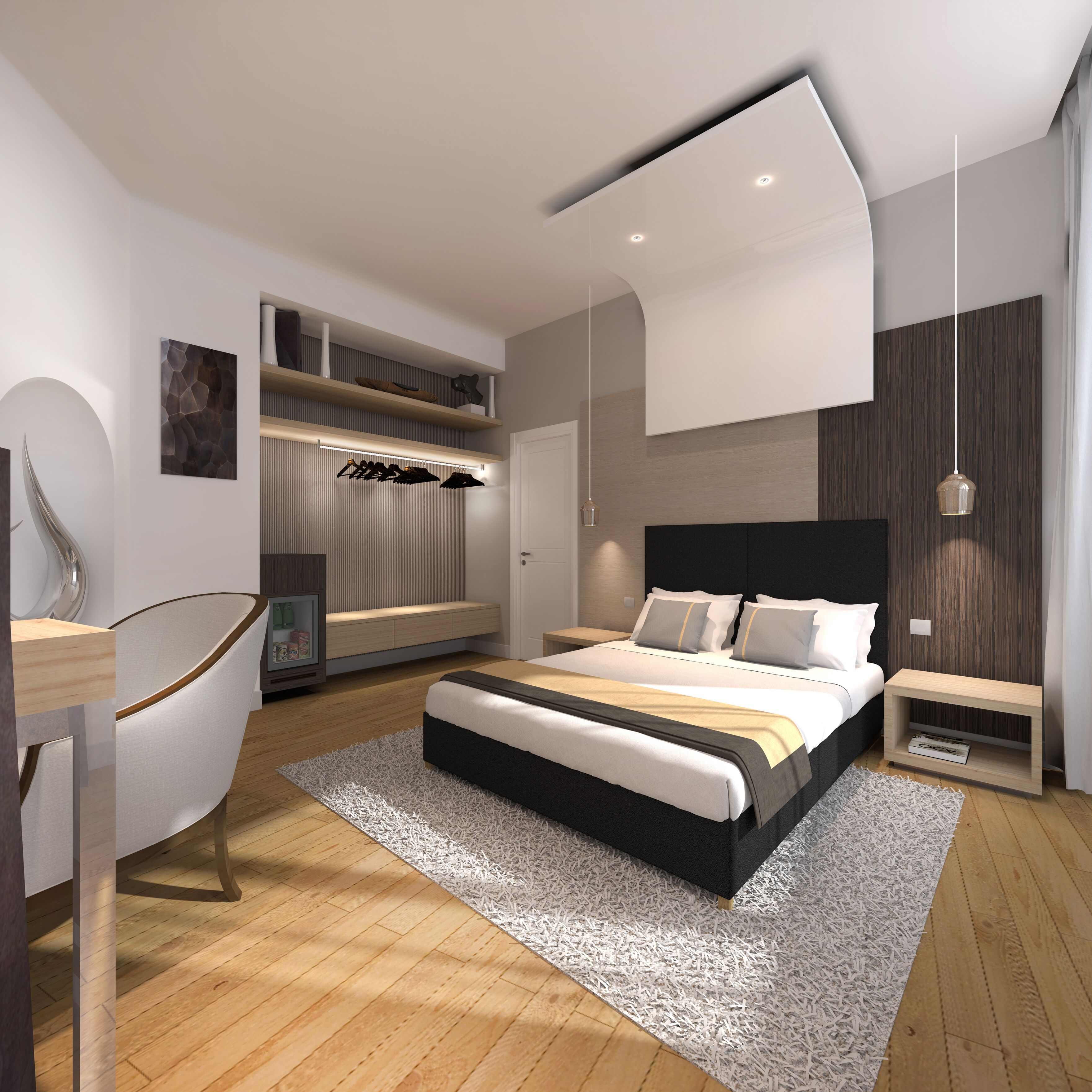 Un dormitorio moderno con cama, mesitas de noche, una silla, un escritorio y estanterías empotradas con zapatos.
