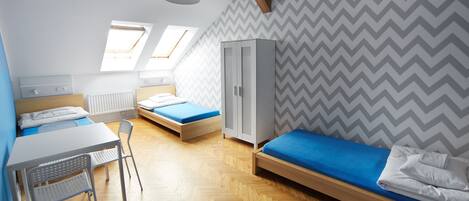Habitación tipo dormitorio con dos camas, un escritorio, una silla, un armario y tragaluces.