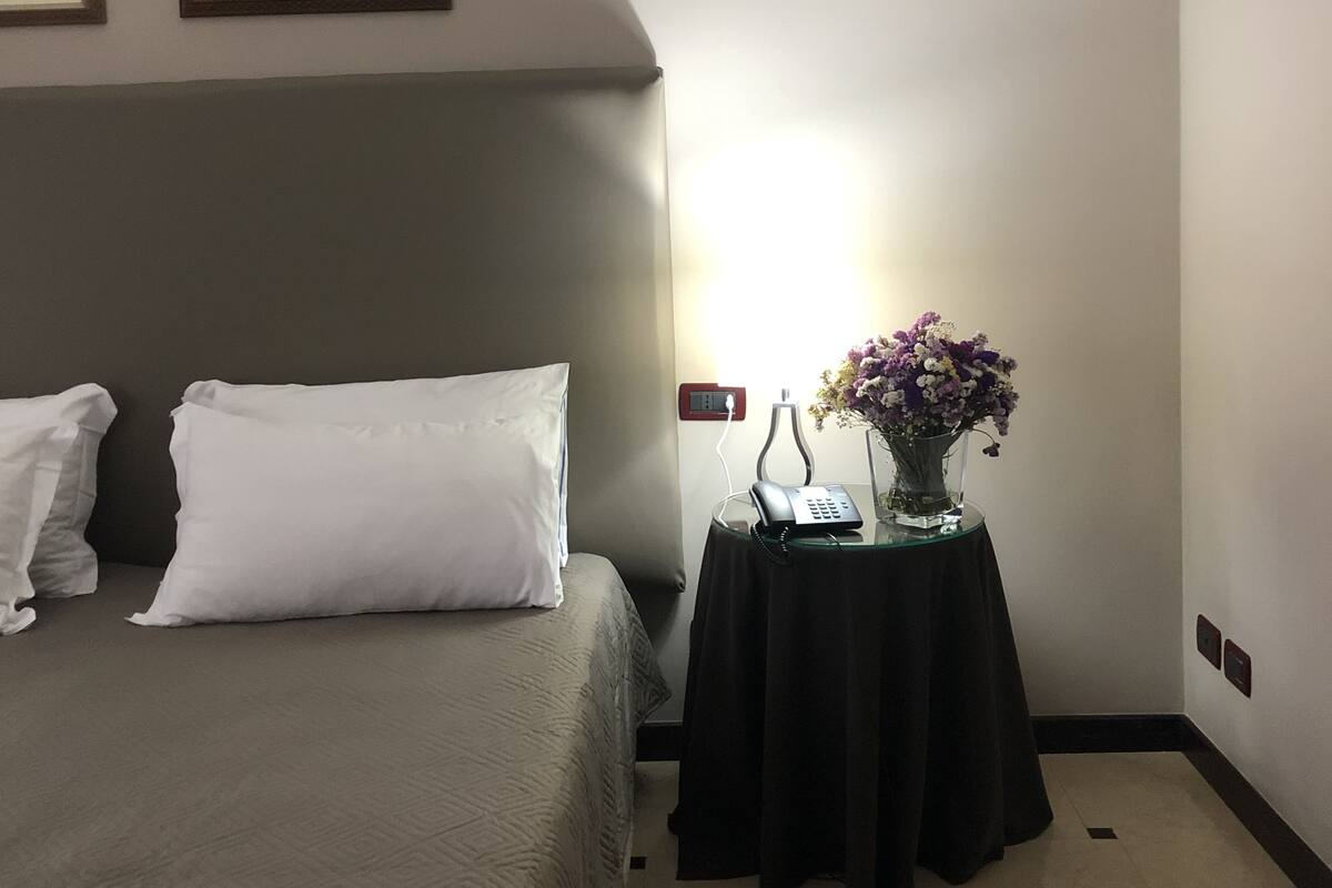 Een hotelkamer met een bed, kussens, een nachtkastje met telefoon en vaas, en twee ingelijste foto's aan de muur.