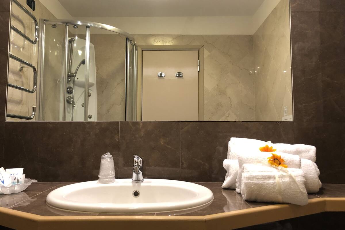 shower, free toiletries, hair dryer, towels