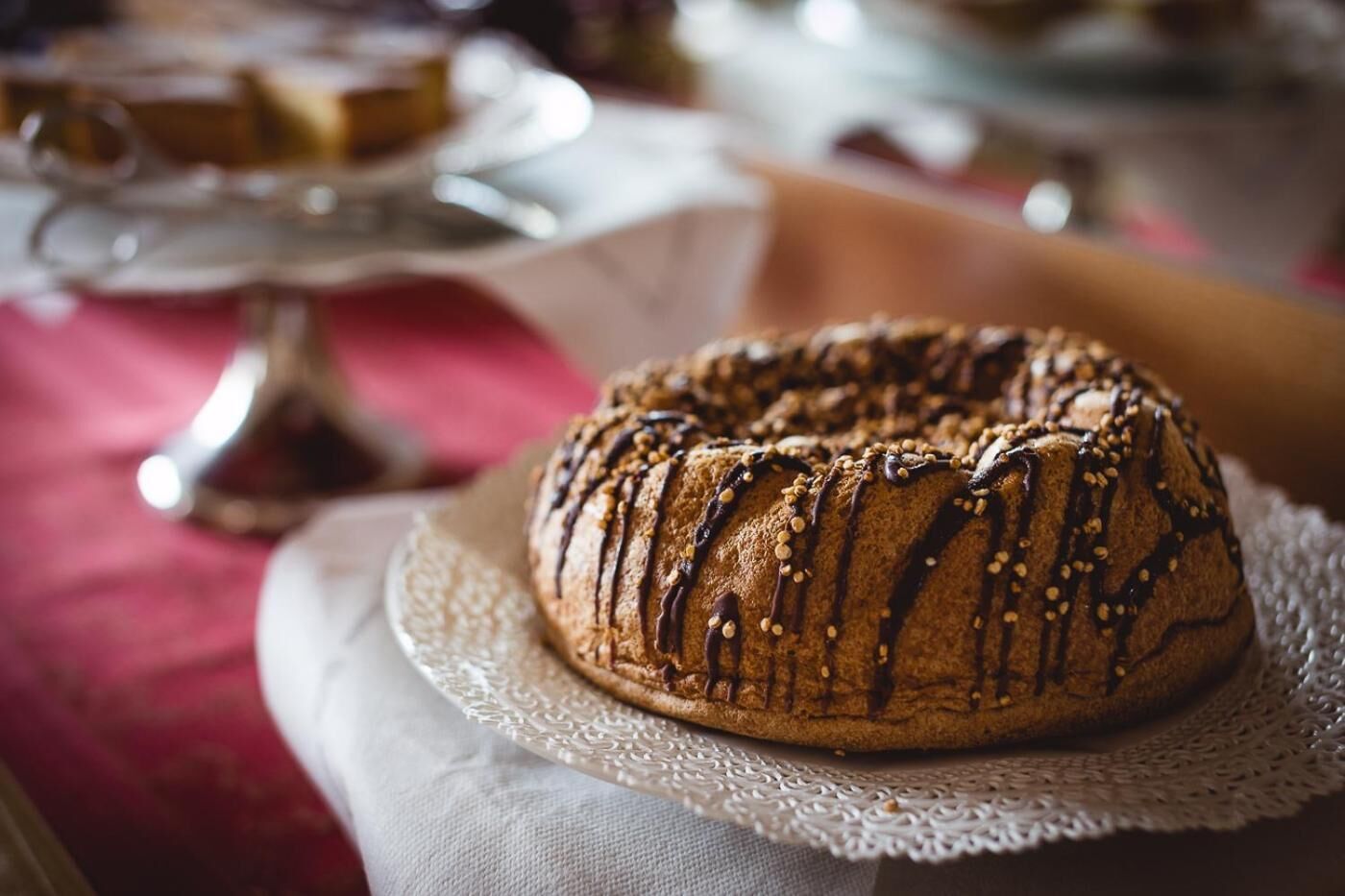 A bundt cake on a lace doily.