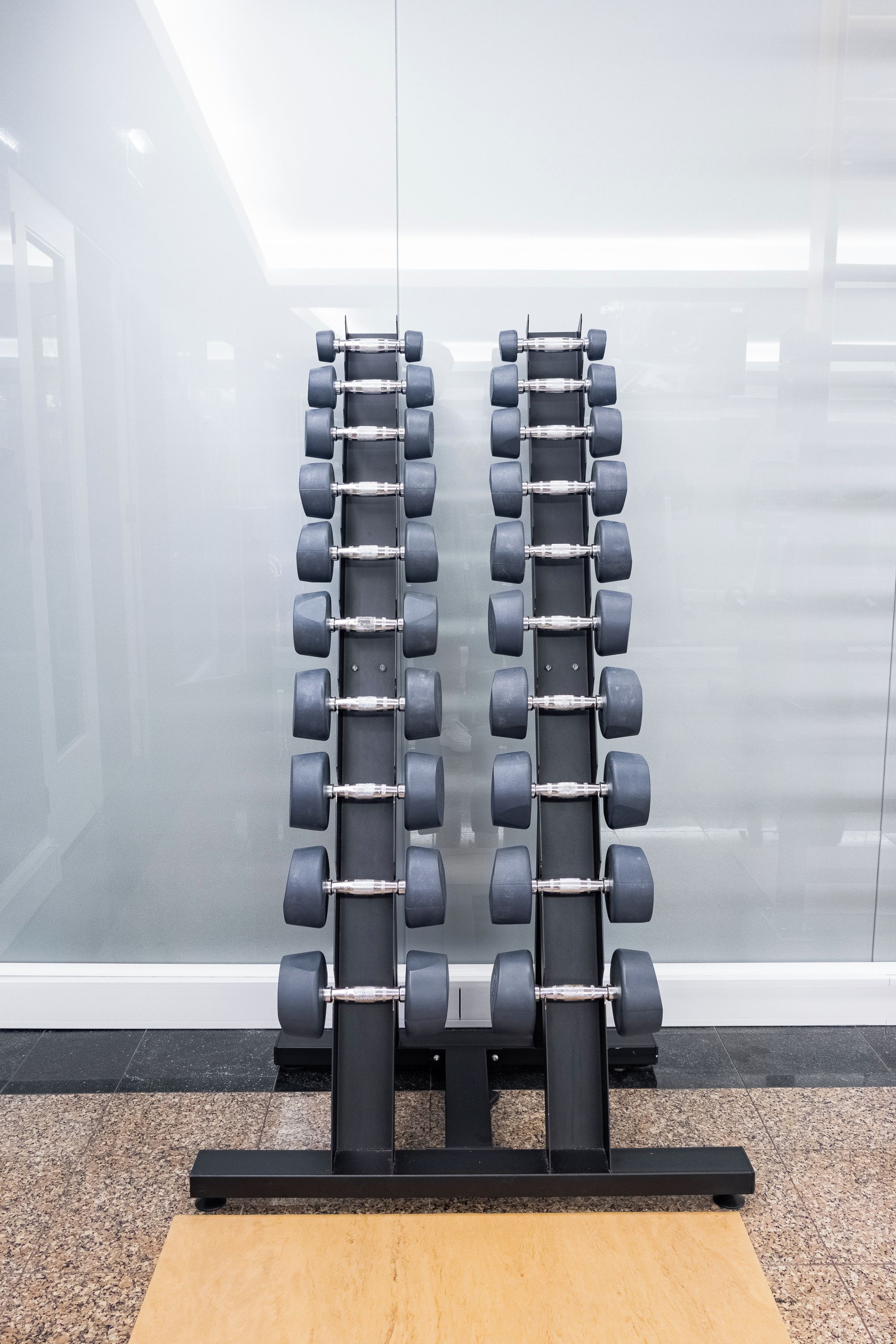 A gym with a rack of dumbbells.