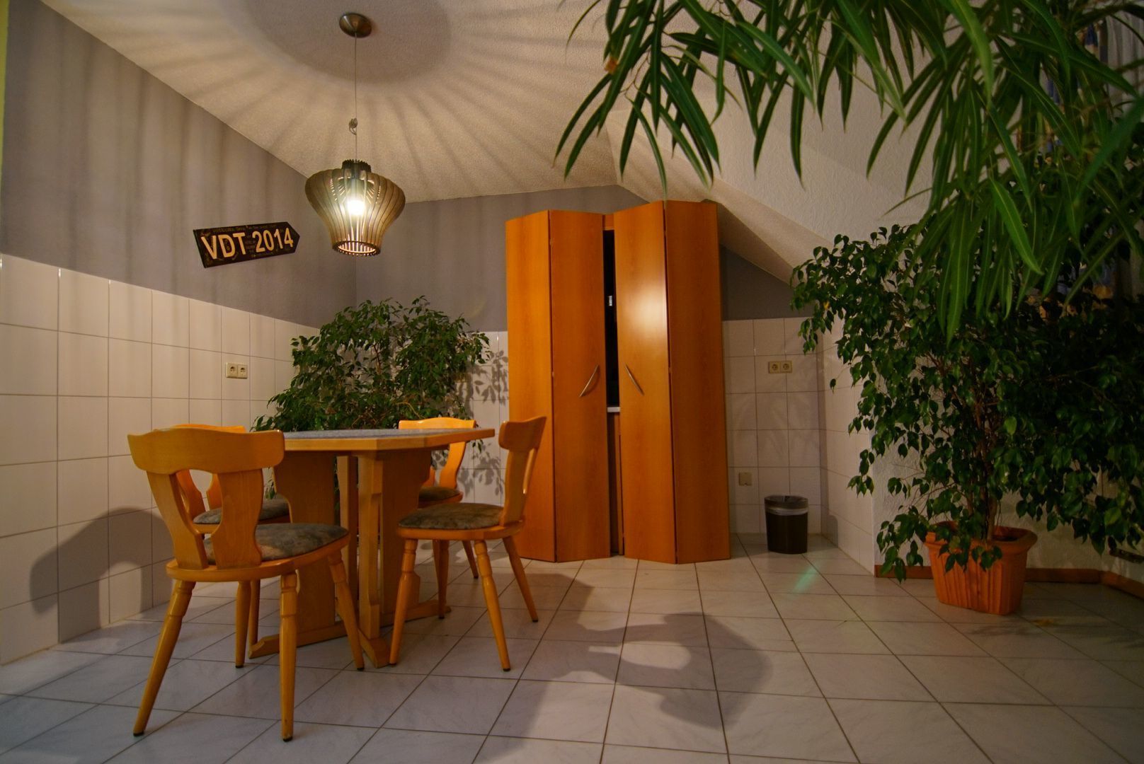 Ein Essbereich mit einem Holztisch, Stühlen, einer Hängelampe und einem Blumentopf.