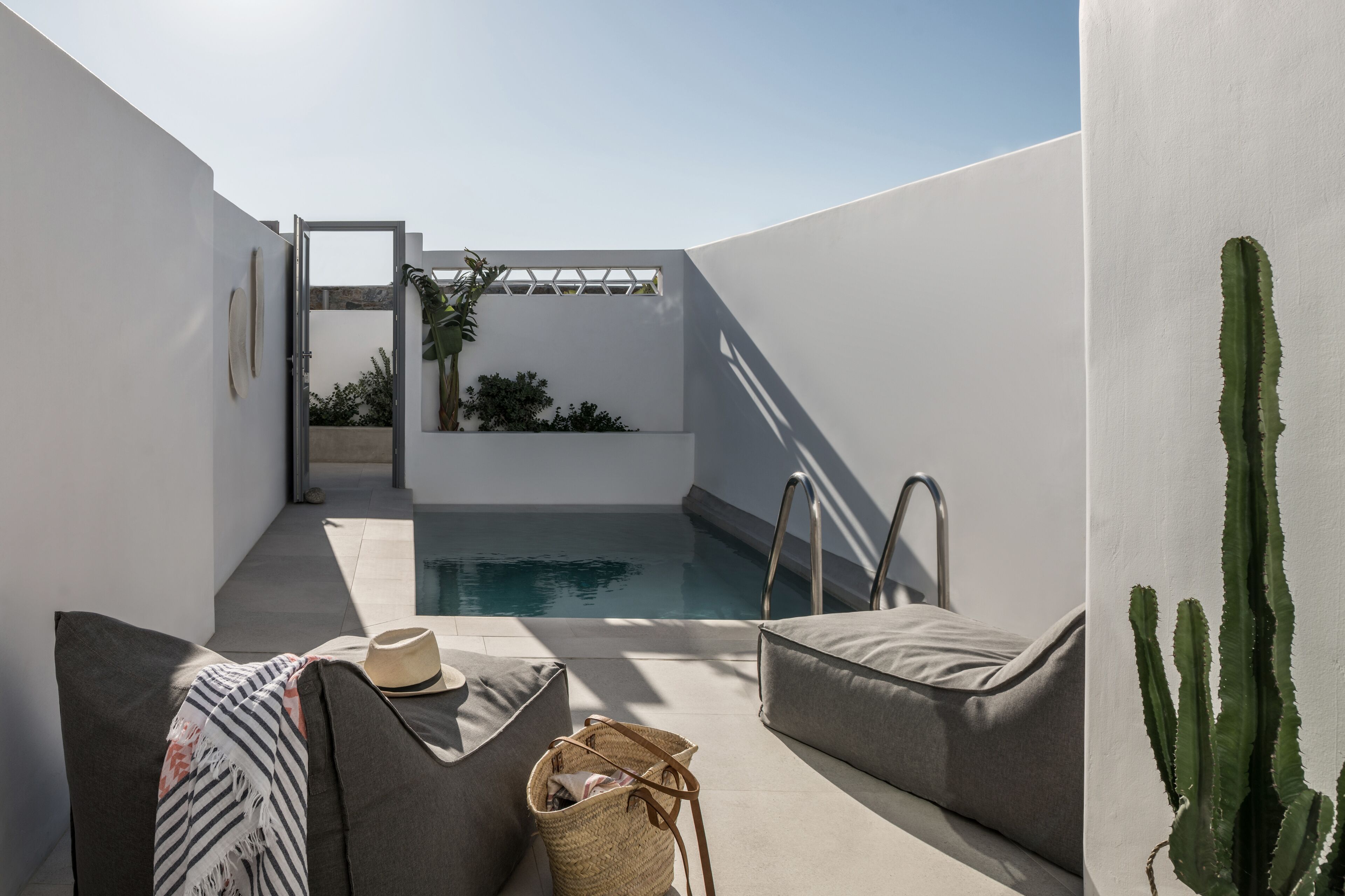 A rooftop terrace with a pool, seating area, and a cactus wall.