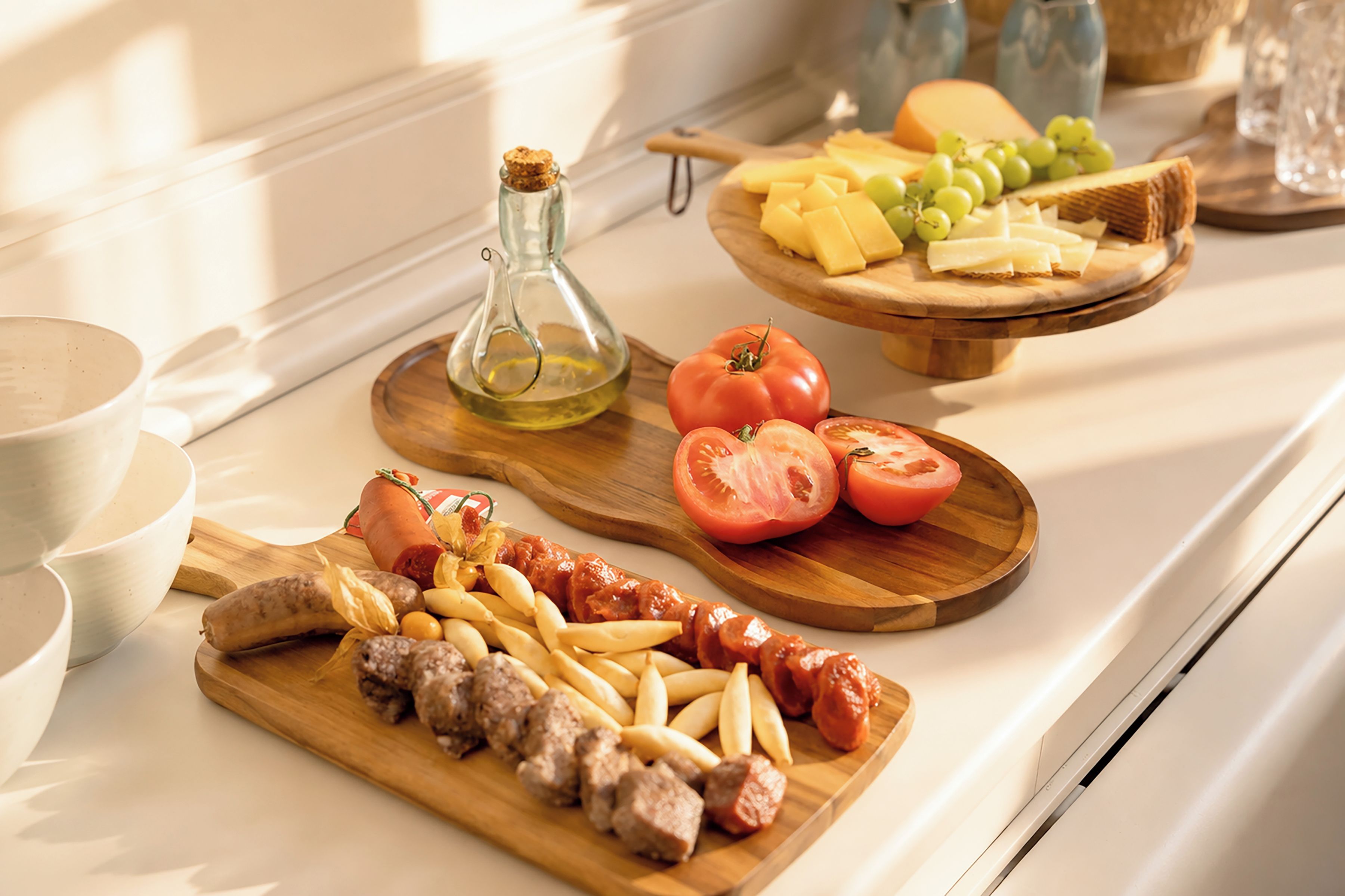 Una encimera de cocina con diversos alimentos, como salchichas, papas fritas, tomates, queso y uvas.