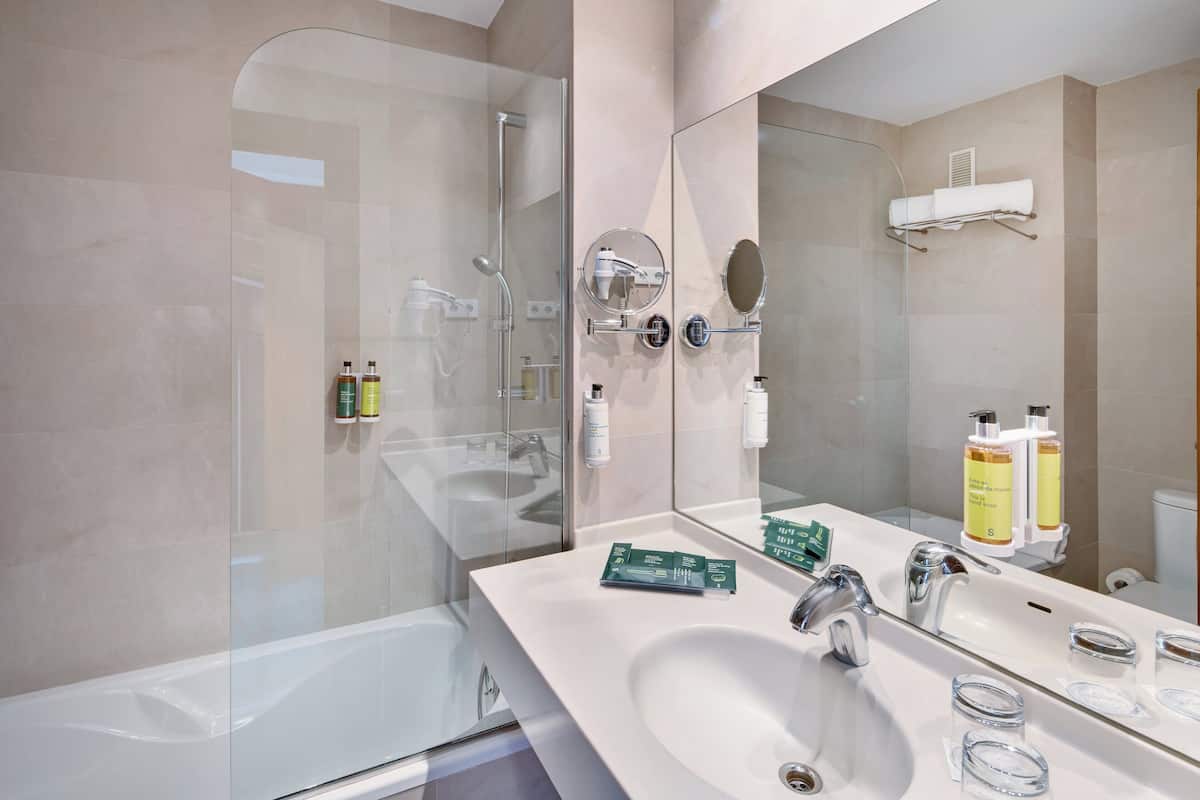 combined shower/bathtub, free toiletries, hair dryer, bidet