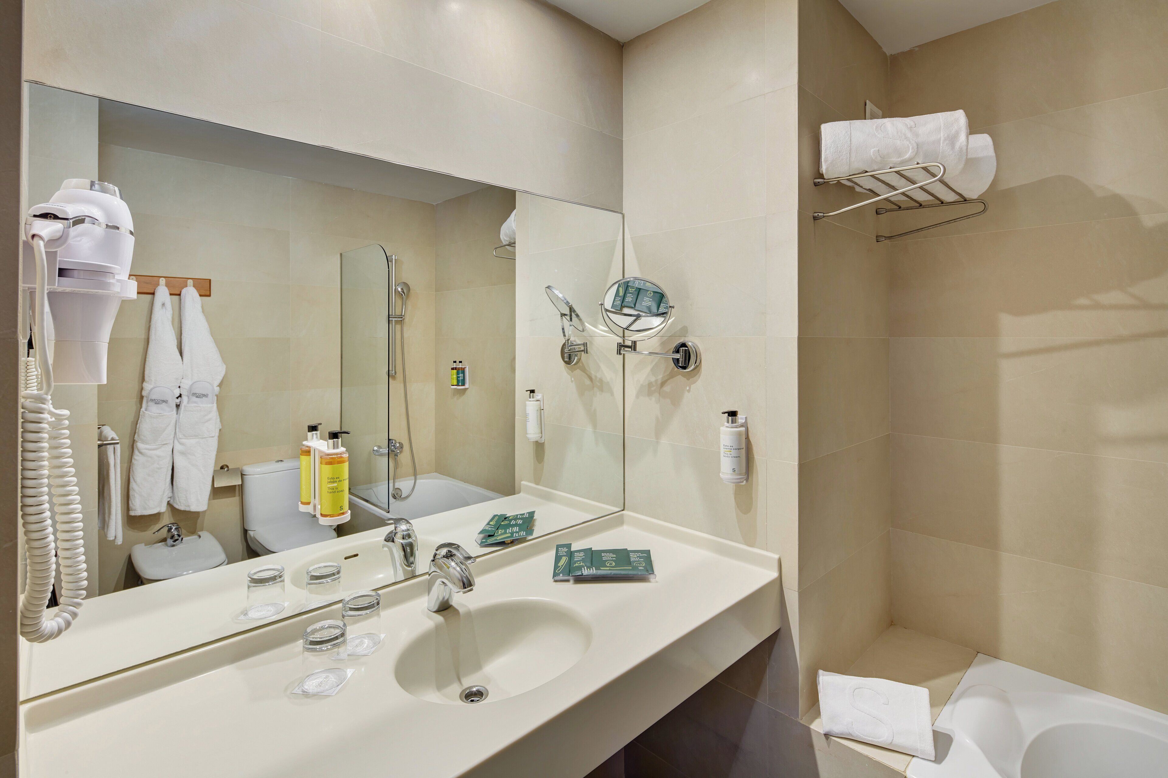 combined shower/bathtub, free toiletries, hair dryer, bidet