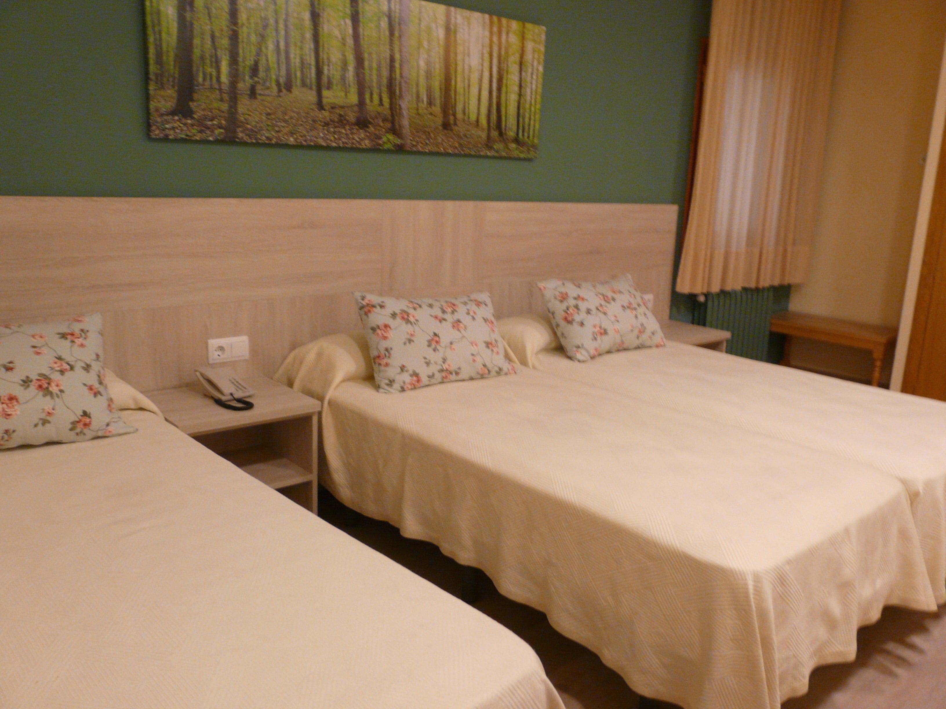 Habitación de hotel con dos camas, cada una con almohadas estampadas con motivos florales y una colcha color crema. Un cuadro de un bosque cuelga de la pared sobre las camas.