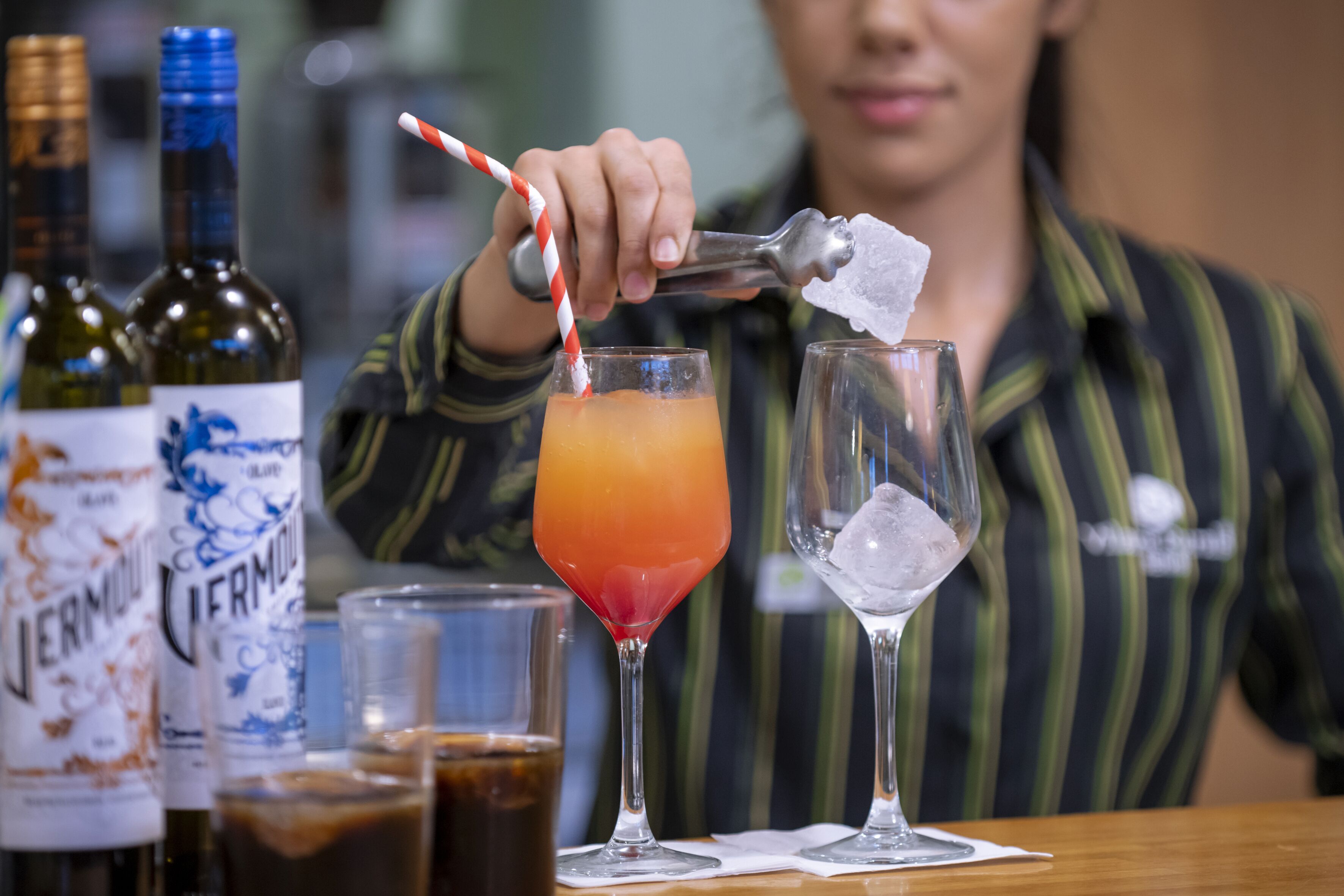 A bartender preparing a drink with a cocktail shaker and a bottle of Vermouth.