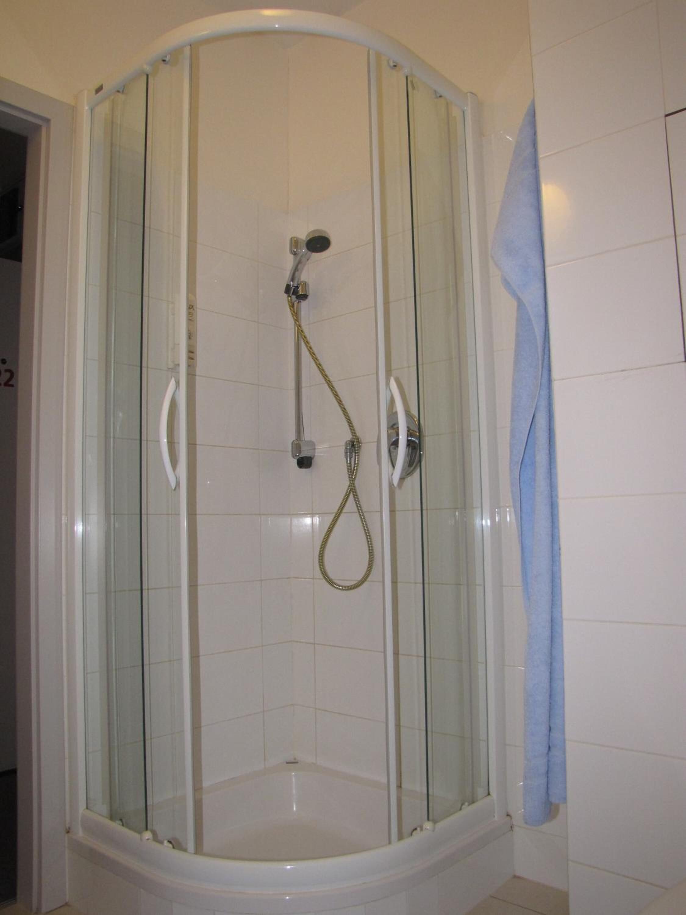 A glass-enclosed shower with a handheld showerhead and a handheld hose.