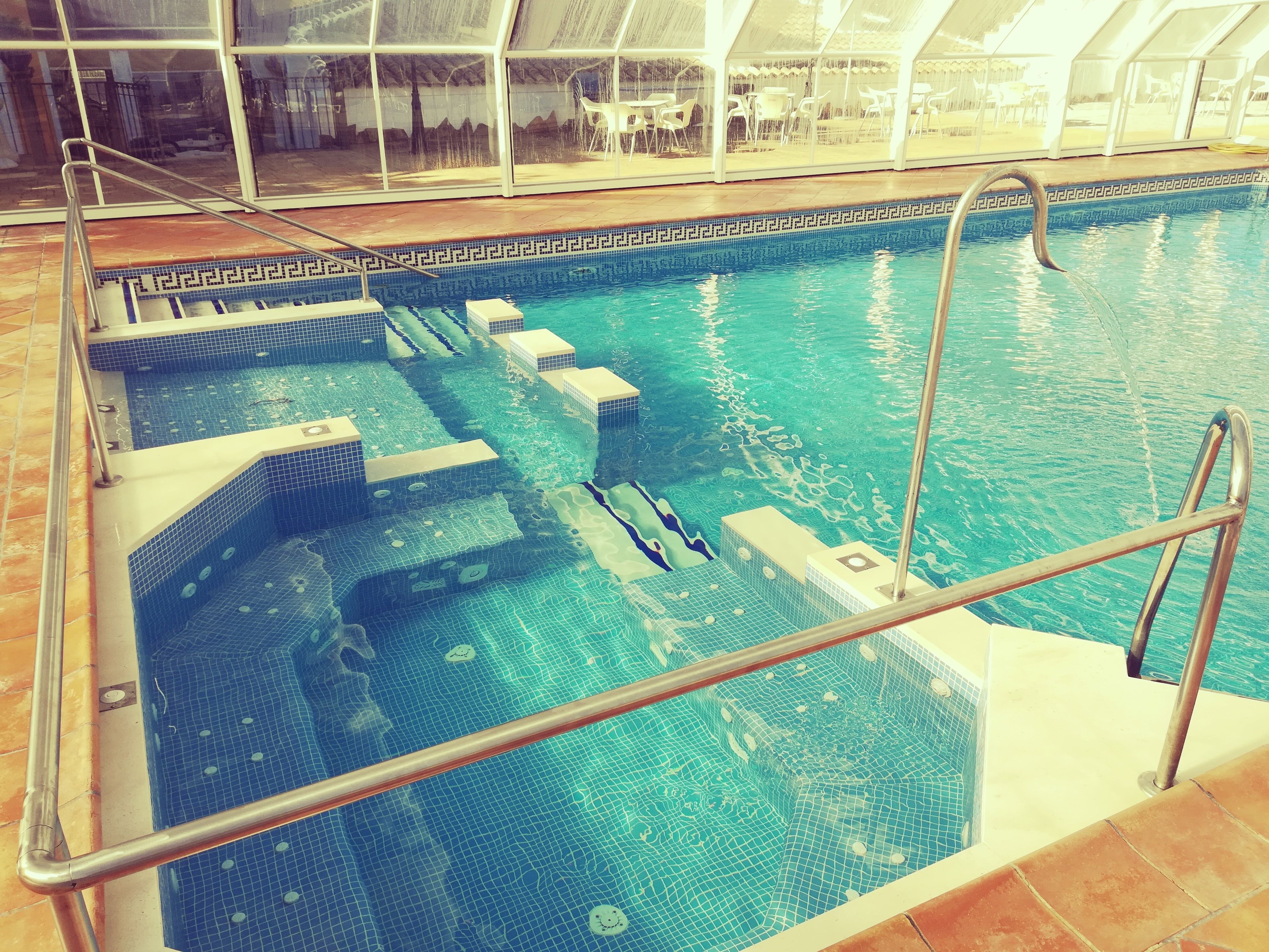 Outdoor pool, pool umbrellas, pool loungers